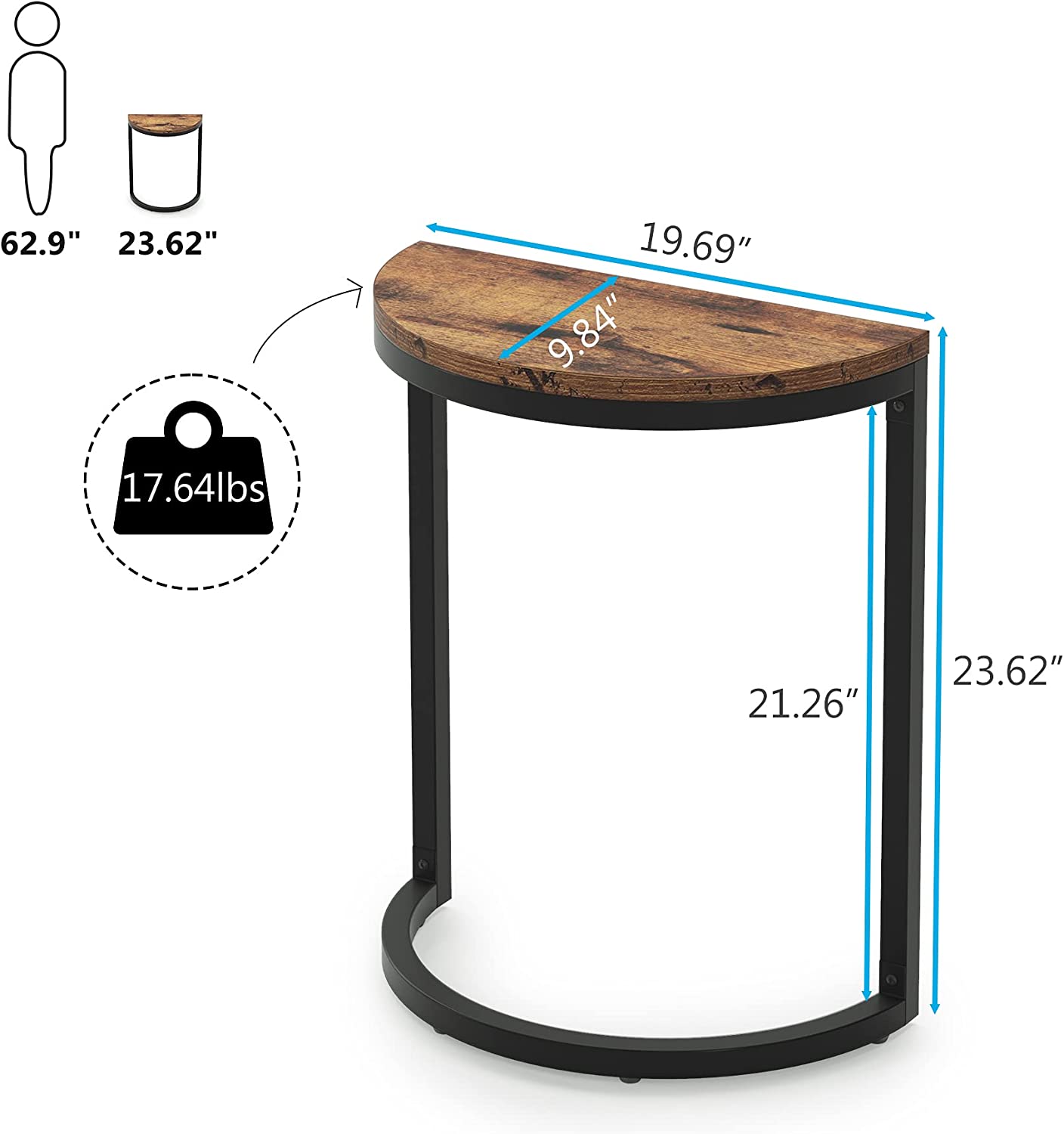 Half Round End Table, Narrow Side Table with Metal Frame Tribesigns