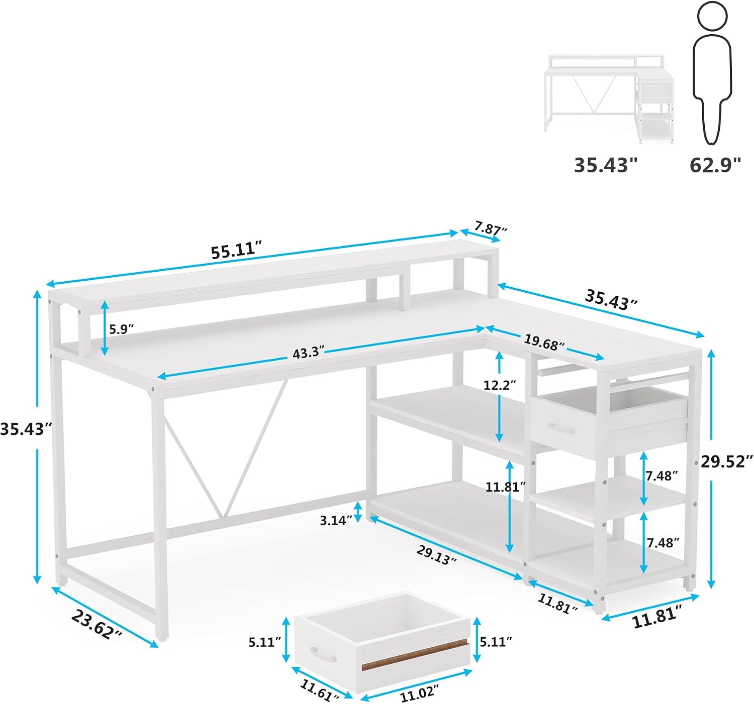 Reversible L-Shaped Desk, Industrial Corner Desk with Drawer & Shelves