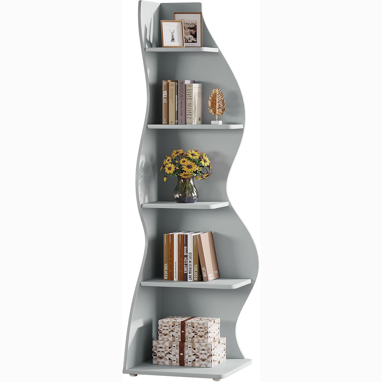 Tribesigns Wavy Corner Shelf, Modern 5-Tier Curved Bookshelf for Small Spaces