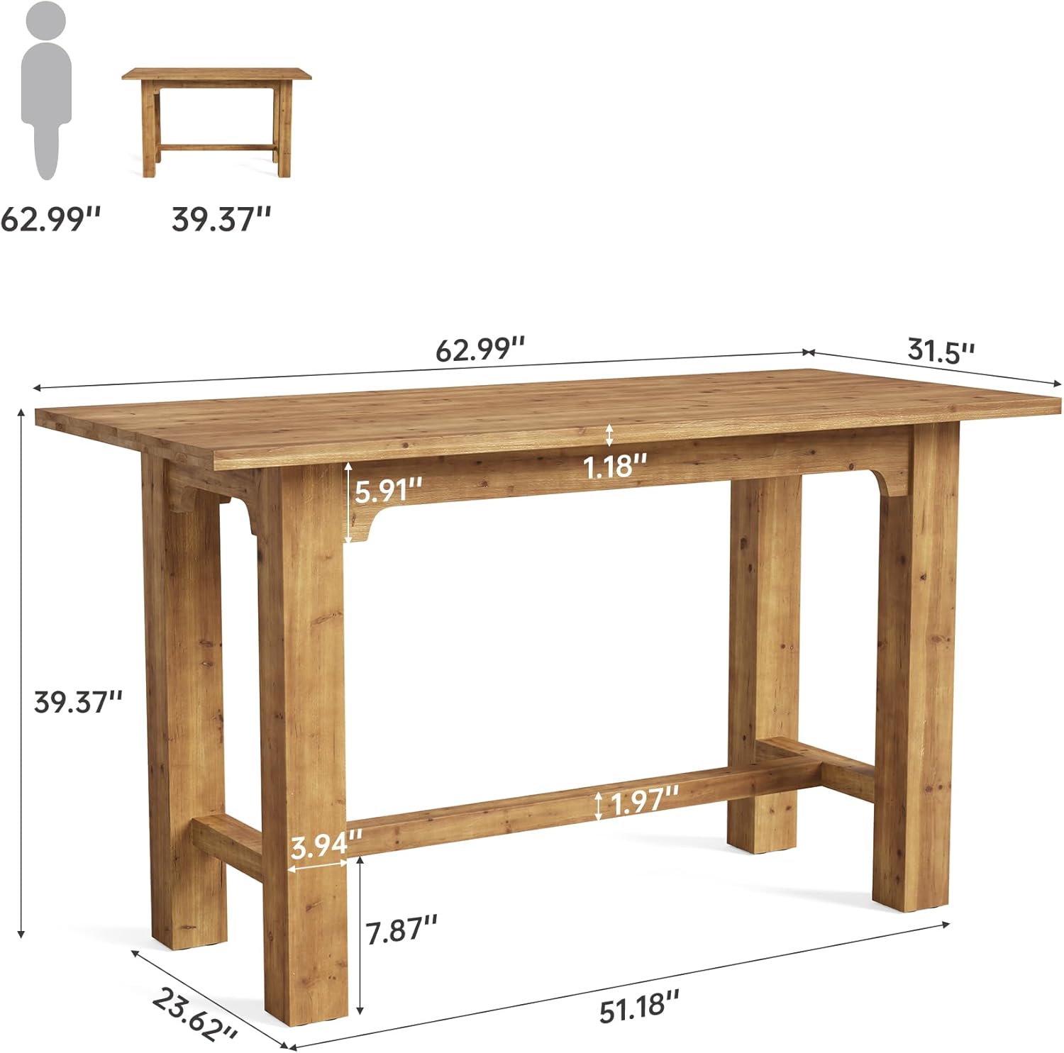 Solid Wood Bar Table, 63" Dining Table Counter Height Pub Table