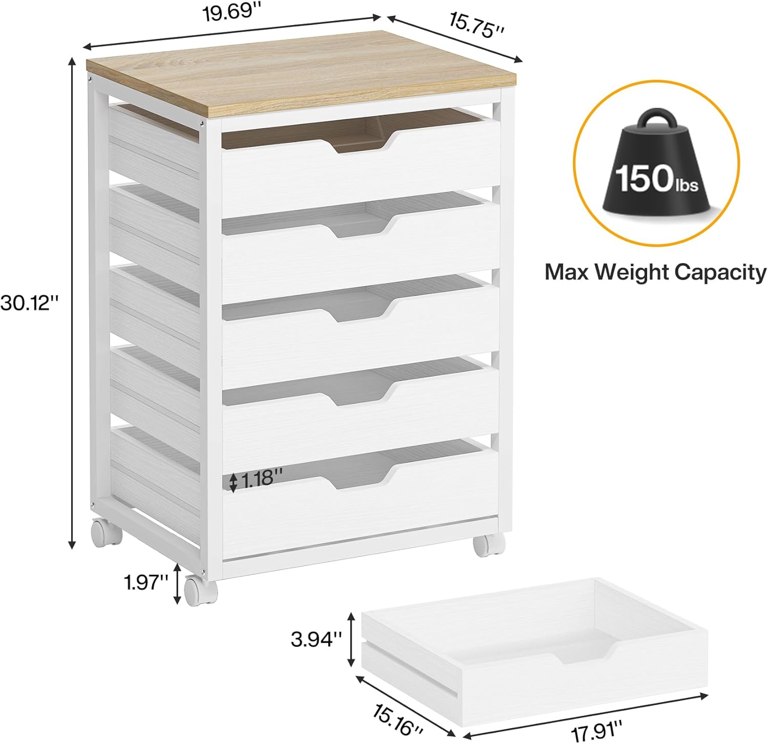 5-Drawer File Cabinet, Wood Mobile Storage Drawer Unit Industrial Office Cabinet with Drawers & Wheels