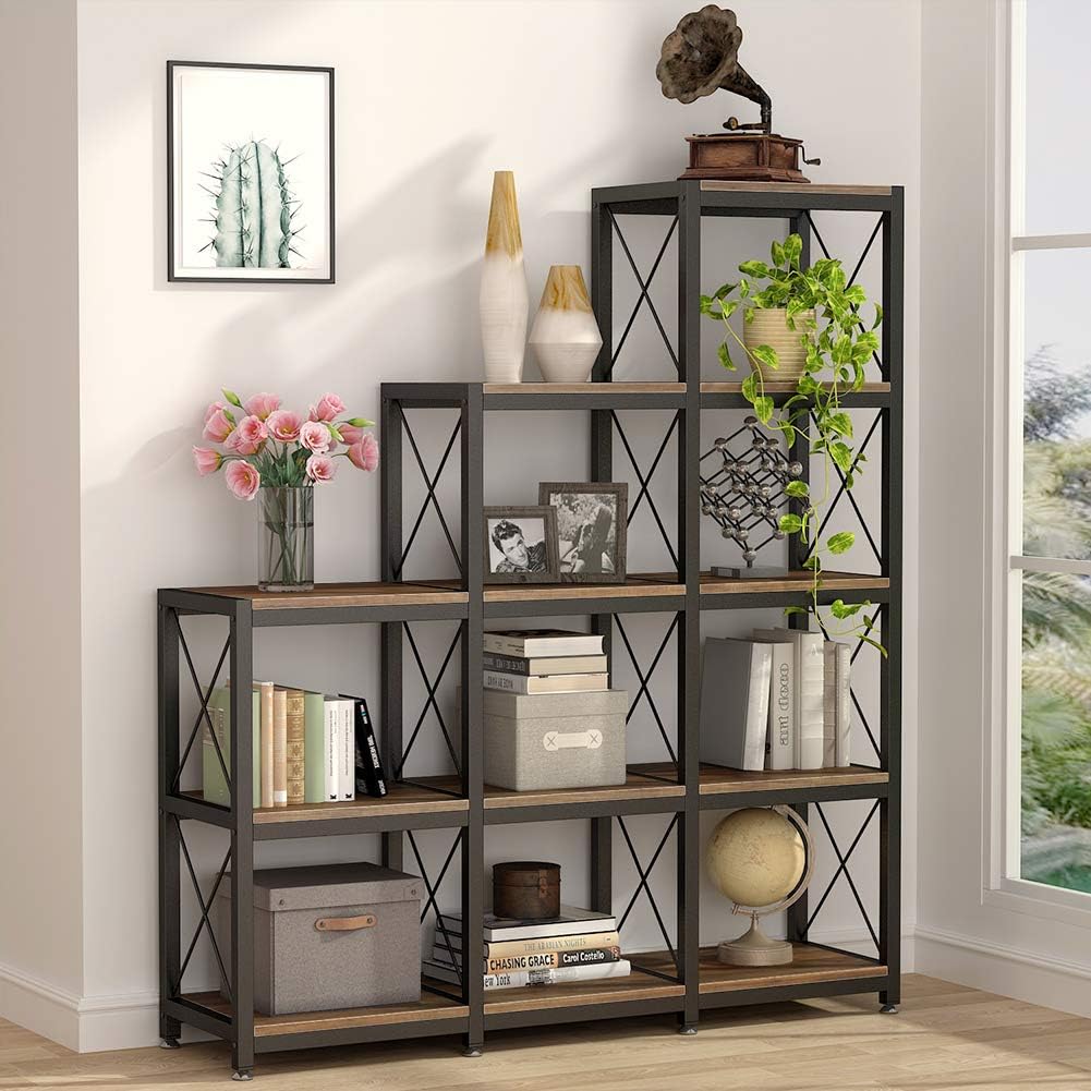 L-Shaped Ladder 9 Cubes Bookshelf, 12 Shelves Industrial Corner Etagere Bookcase