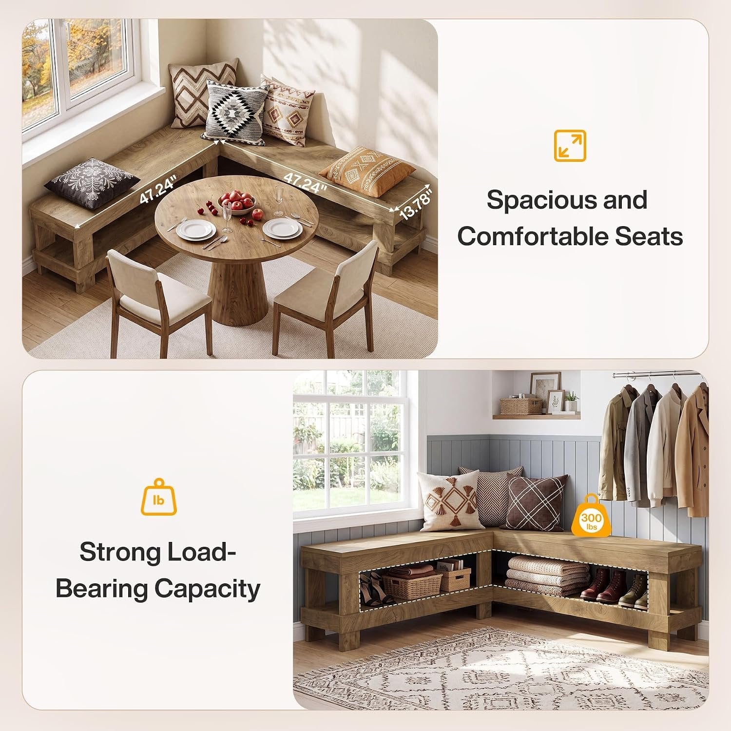61" L-Shaped Bench, Corner Entry Bench Breakfast Nook Bench with 2-Tier Open Storage