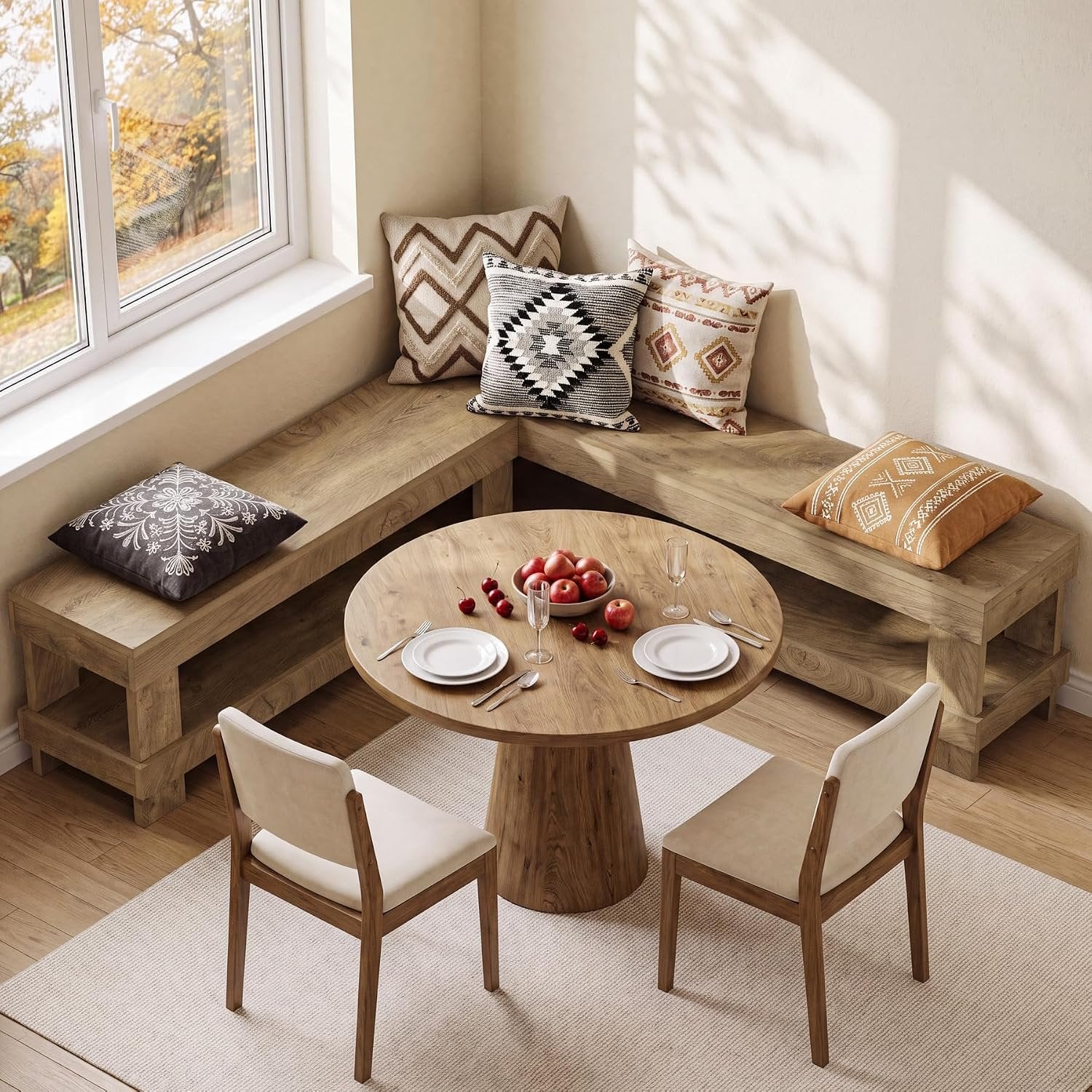 61" L-Shaped Bench, Corner Entry Bench Breakfast Nook Bench with 2-Tier Open Storage