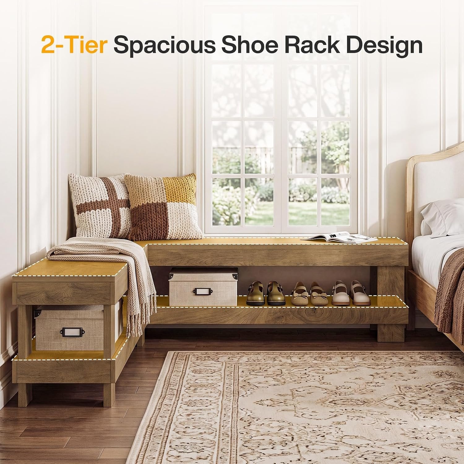 61" L-Shaped Bench, Corner Entry Bench Breakfast Nook Bench with 2-Tier Open Storage