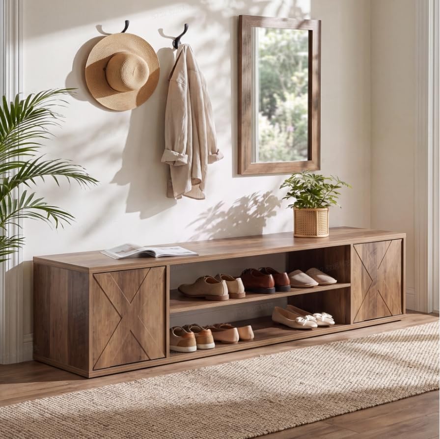63" Entryway Bench, Shoe Storage Bench with Barn Doors for Living Room