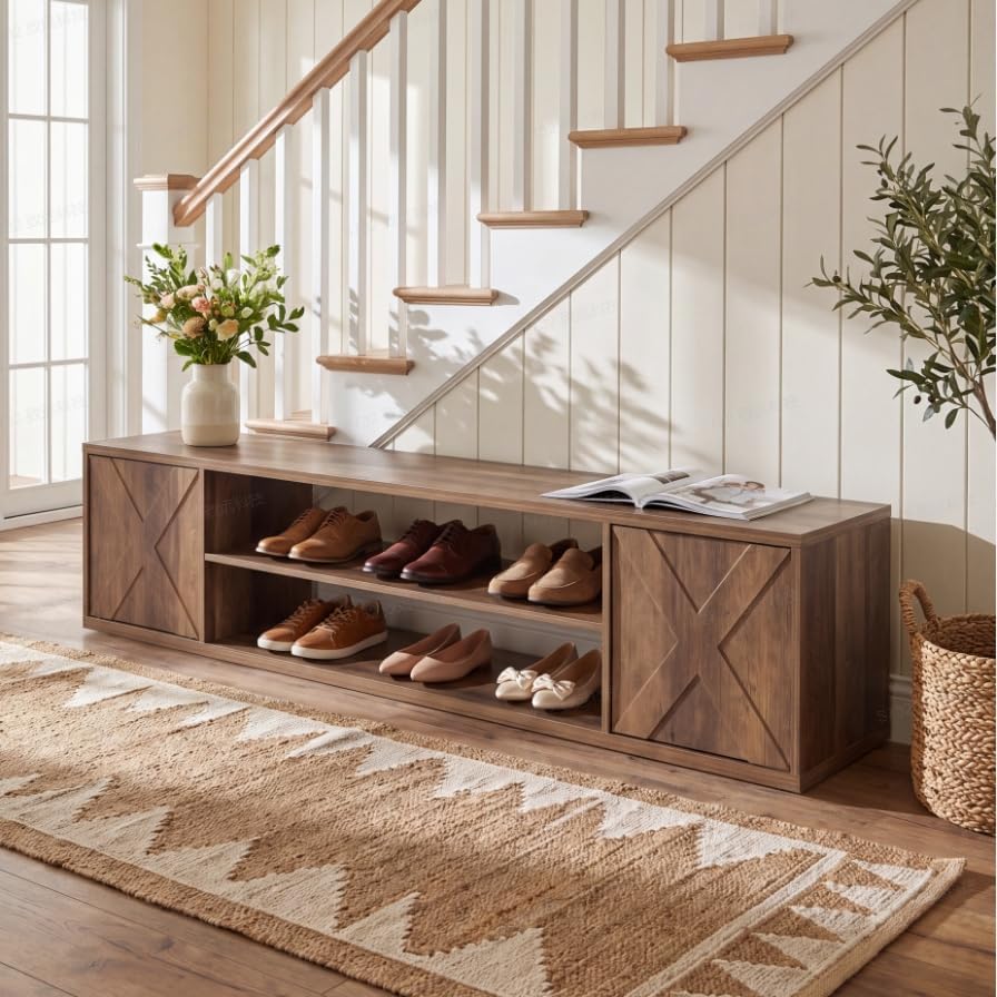 63" Entryway Bench, Shoe Storage Bench with Barn Doors for Living Room
