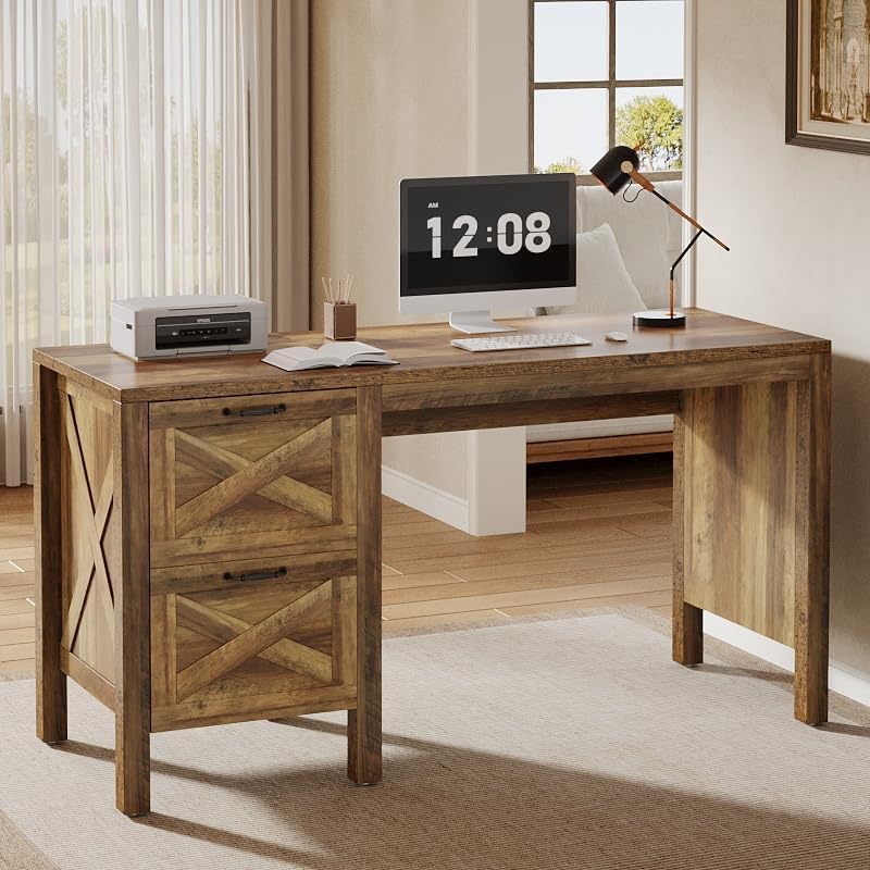 55.12" Computer Desk, Farmhouse Office Desk with 2 Drawers