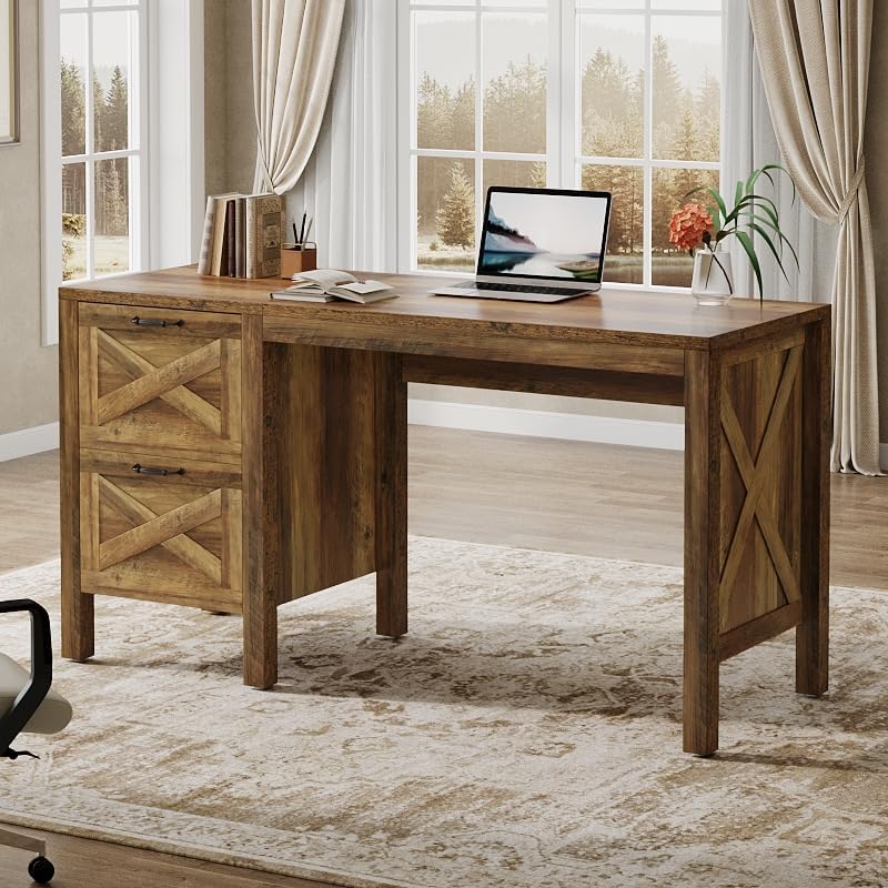 55.12" Computer Desk, Farmhouse Office Desk with 2 Drawers