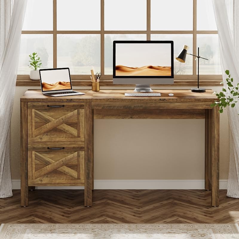 55.12" Computer Desk, Farmhouse Office Desk with 2 Drawers