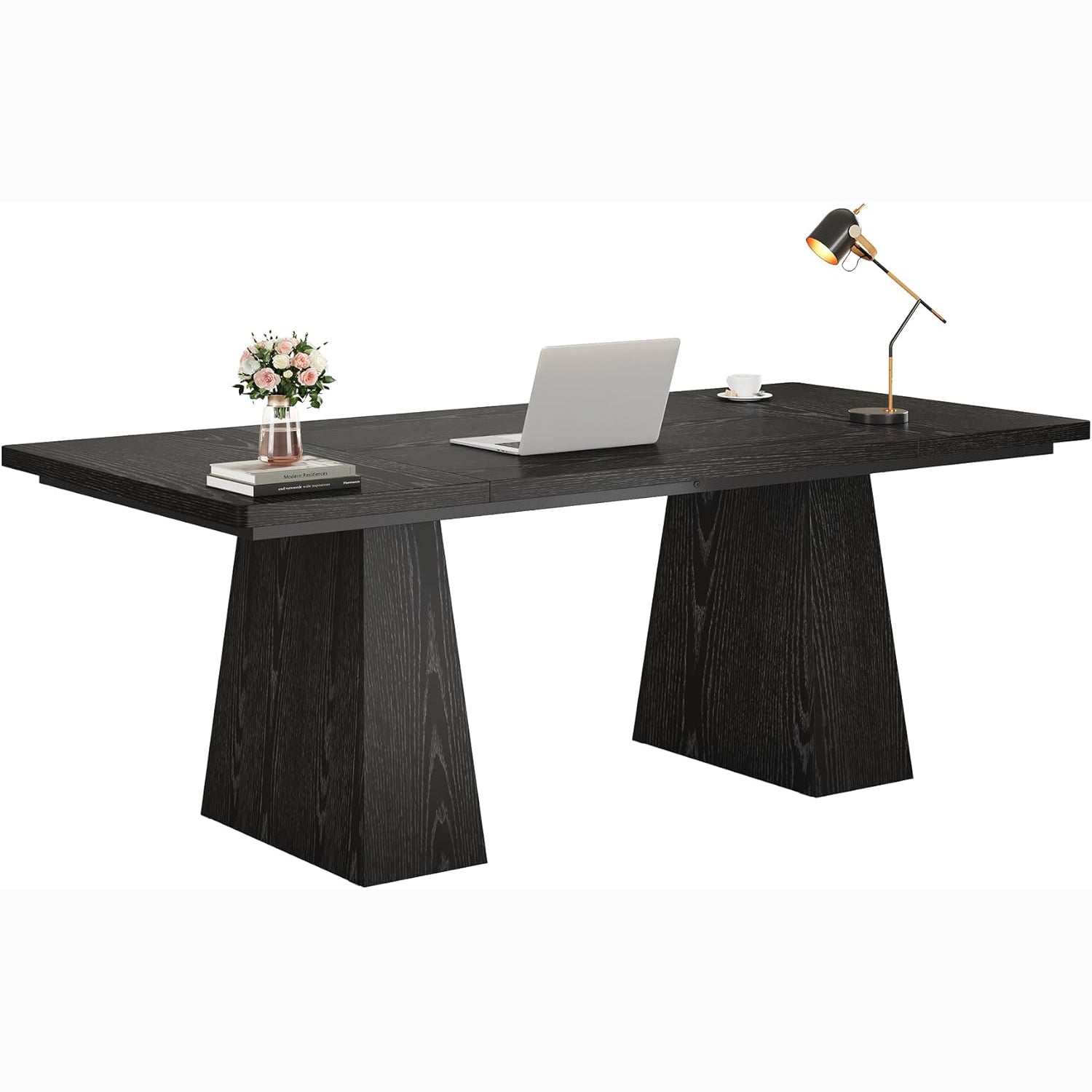 63" Executive Office Desk, Modern Black Double Pedestal Workstation for Home