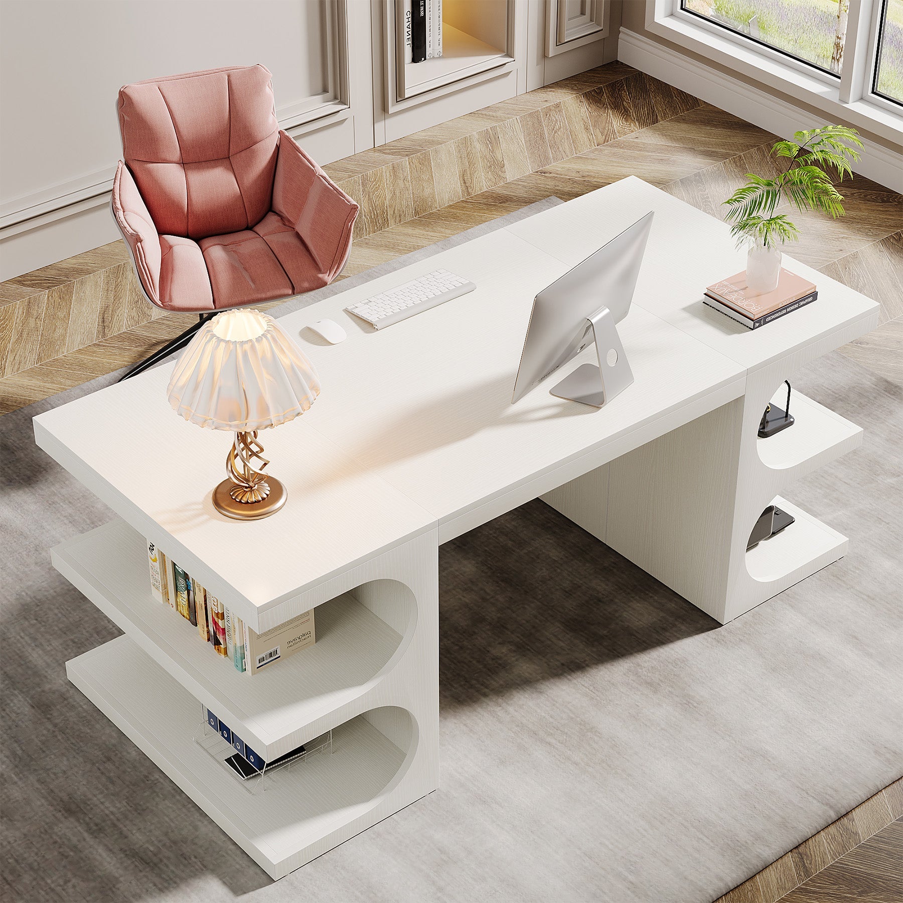 62" Executive Desk, Modern Office Computer Desk with Storage Shelves Tribesigns