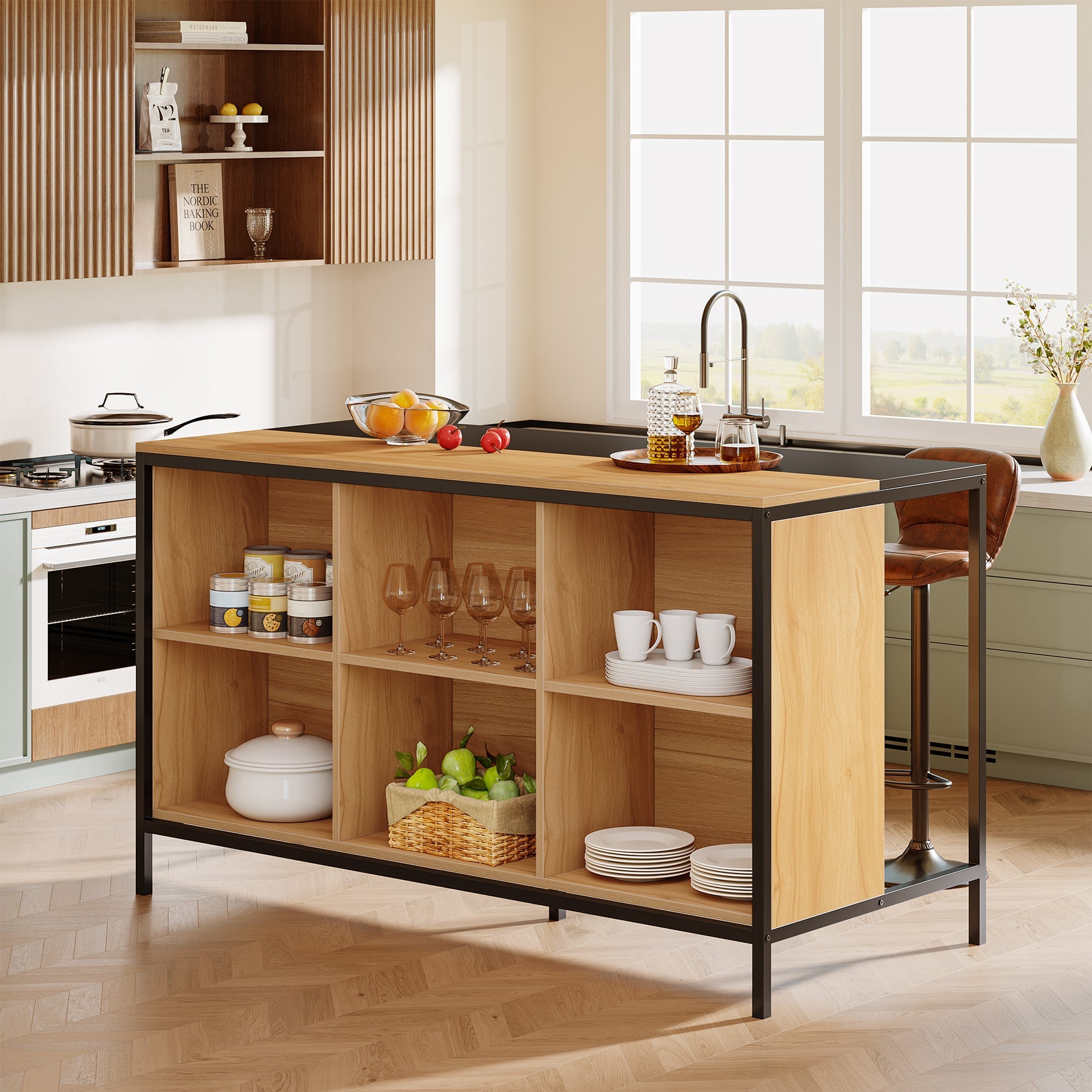 62" Home Bar Cabinet Unit, Pub Table with 6 Spacious Cube Storage Tribesigns