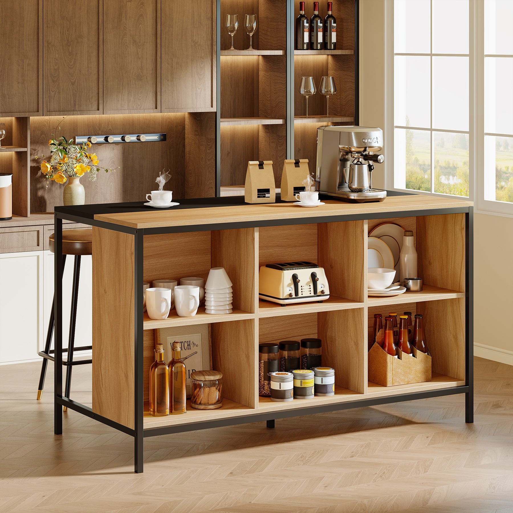 62" Home Bar Cabinet Unit, Pub Table with 6 Spacious Cube Storage Tribesigns