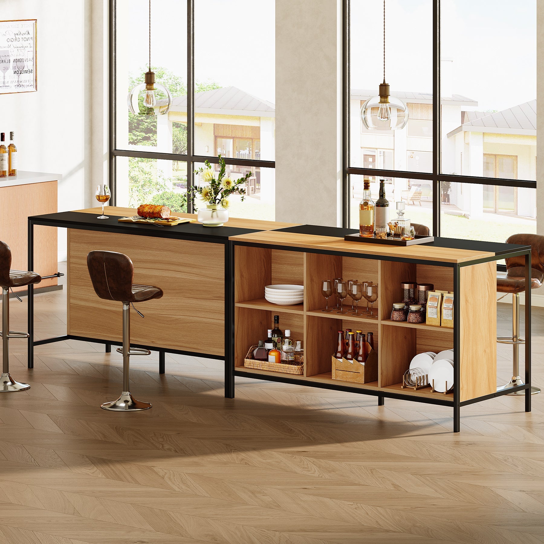 62" Home Bar Cabinet Unit, Pub Table with 6 Spacious Cube Storage Tribesigns