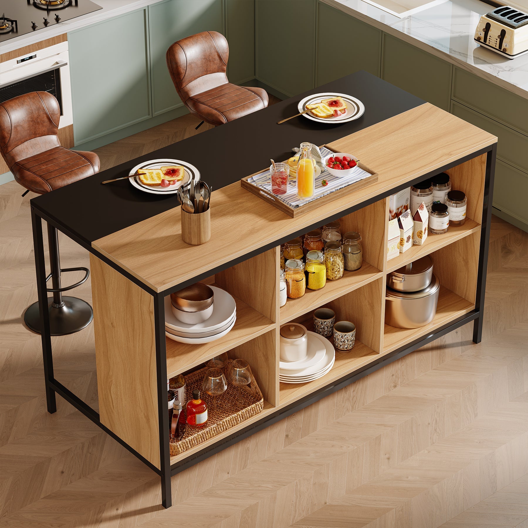 62" Kitchen Island Table, Breakfast Counter with Seating and 6 Cube Storage Tribesigns