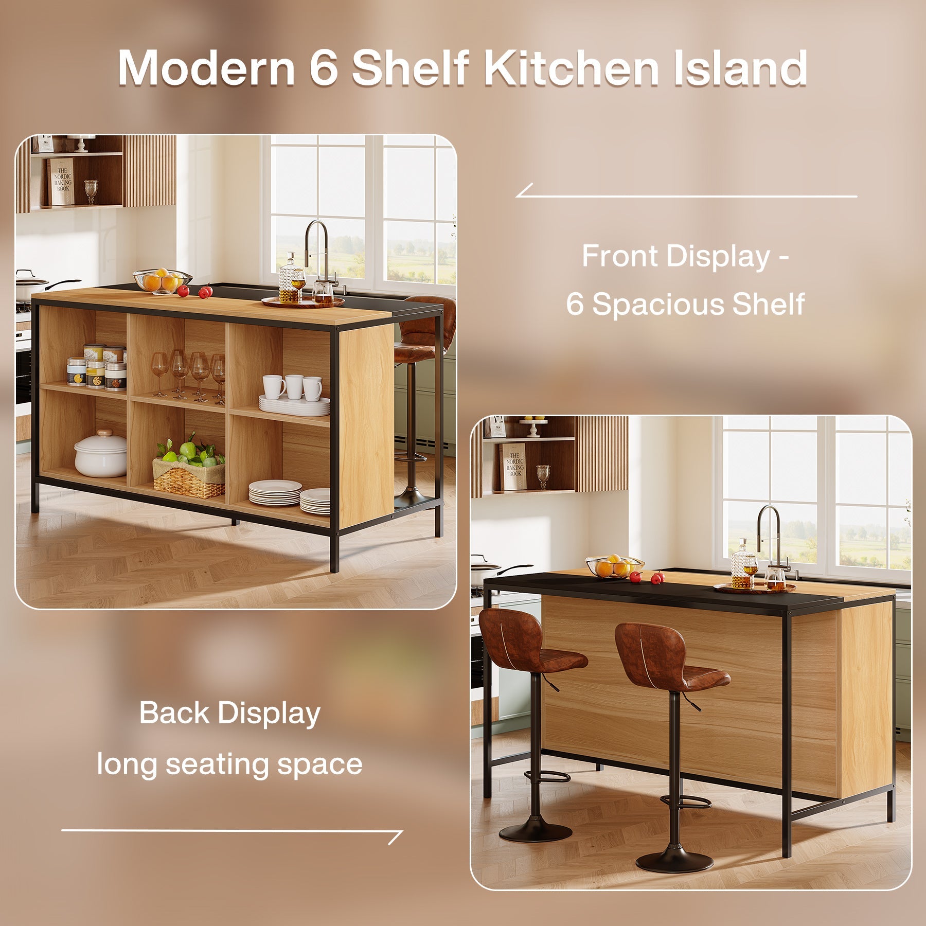 62" Kitchen Island Table, Breakfast Counter with Seating and 6 Cube Storage Tribesigns
