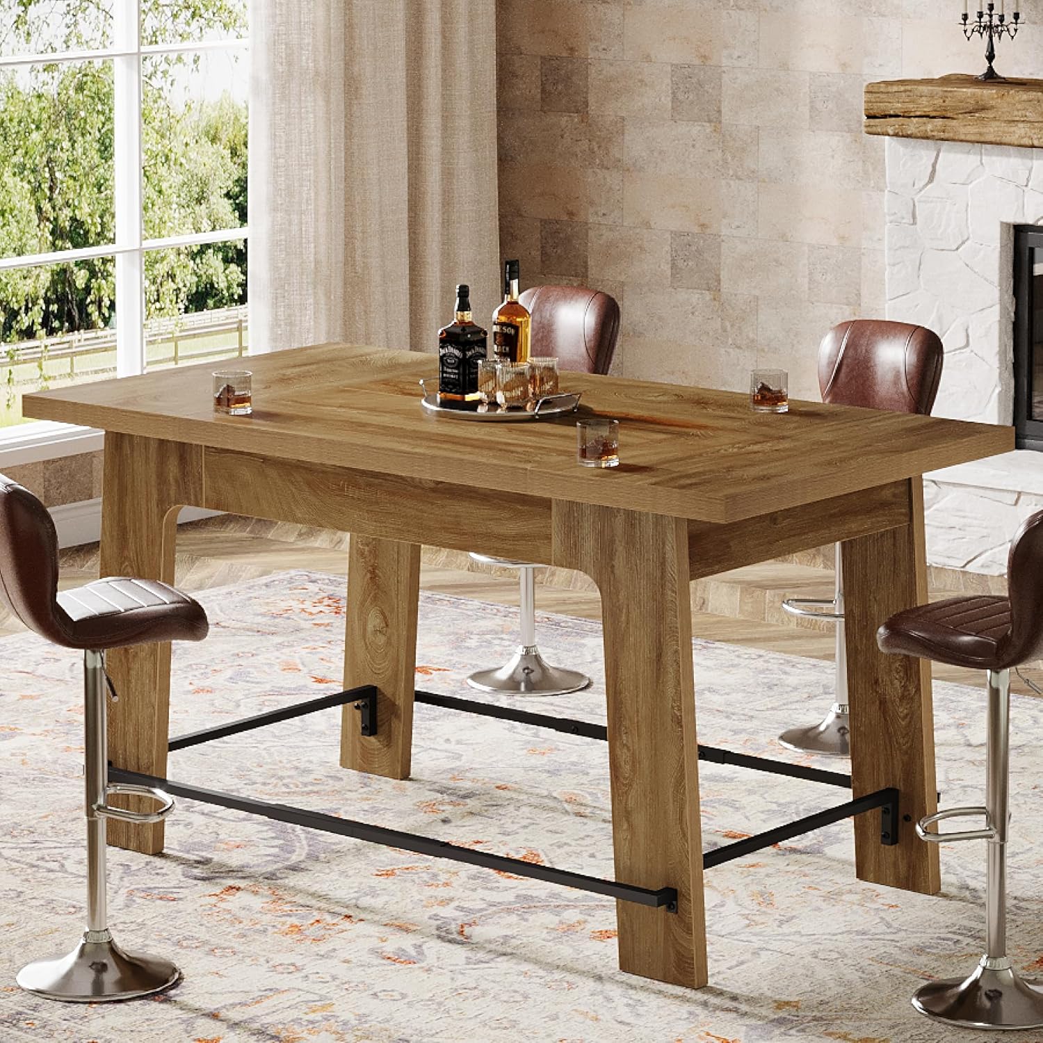 Bar Table, Counter Height Pub Dining Table with Metal