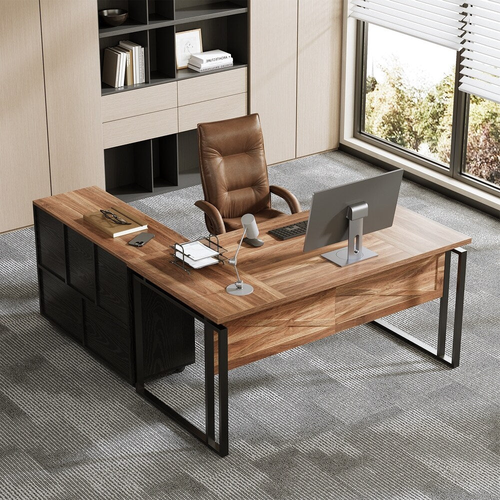 L-Shaped Office Desk, 63" Executive Computer Desk with File Cabinet