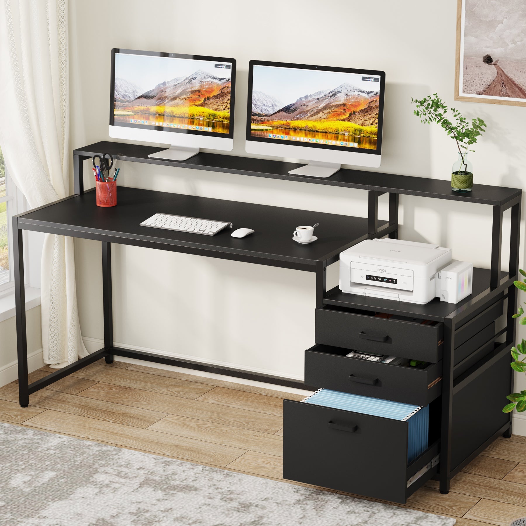 63" Computer Desk, Ergonomic Office Desk with Drawers & Monitor Stand Tribesigns