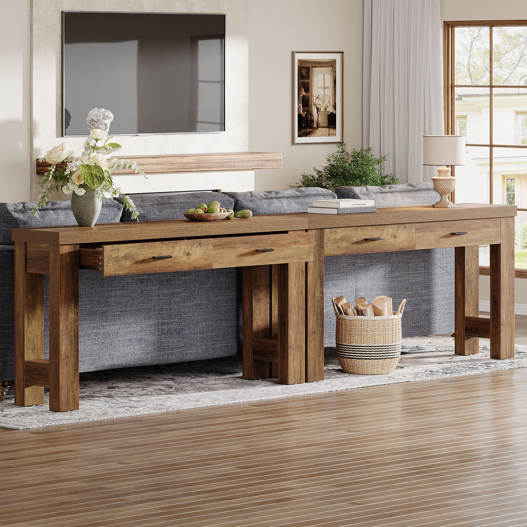 63" Console Table, Farmhouse Entryway Table with H - Shaped Legs and 2 Drawers Tribesigns