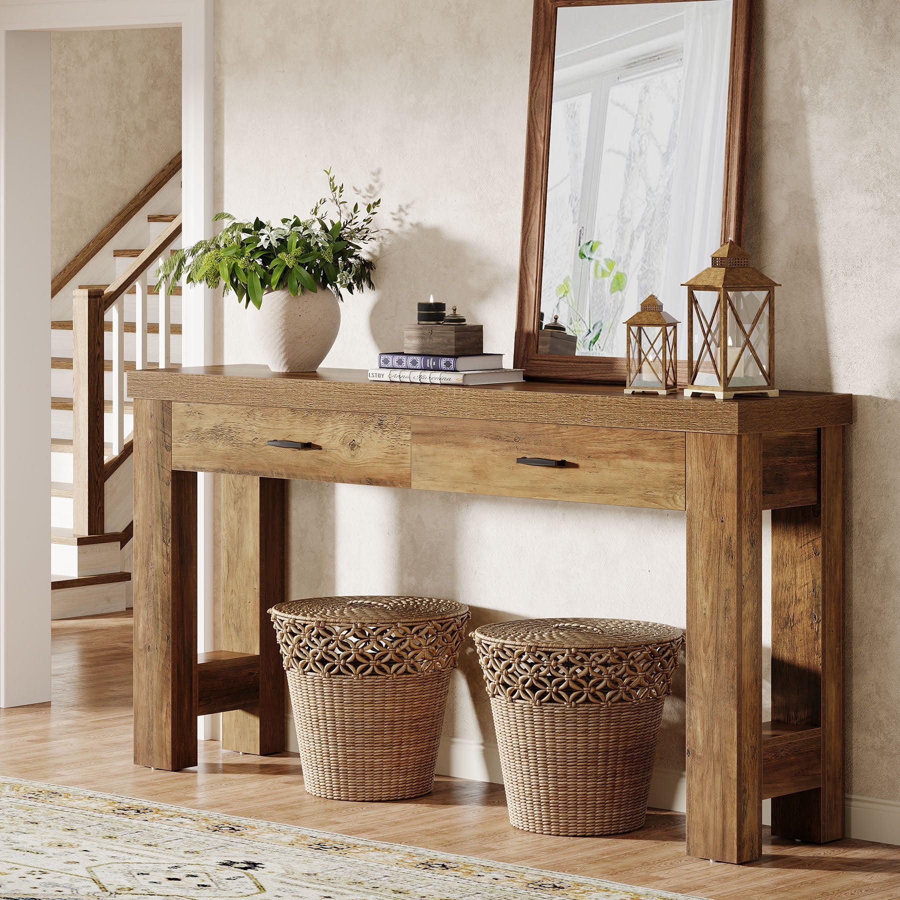 63" Console Table, Farmhouse Entryway Table with H - Shaped Legs and 2 Drawers Tribesigns
