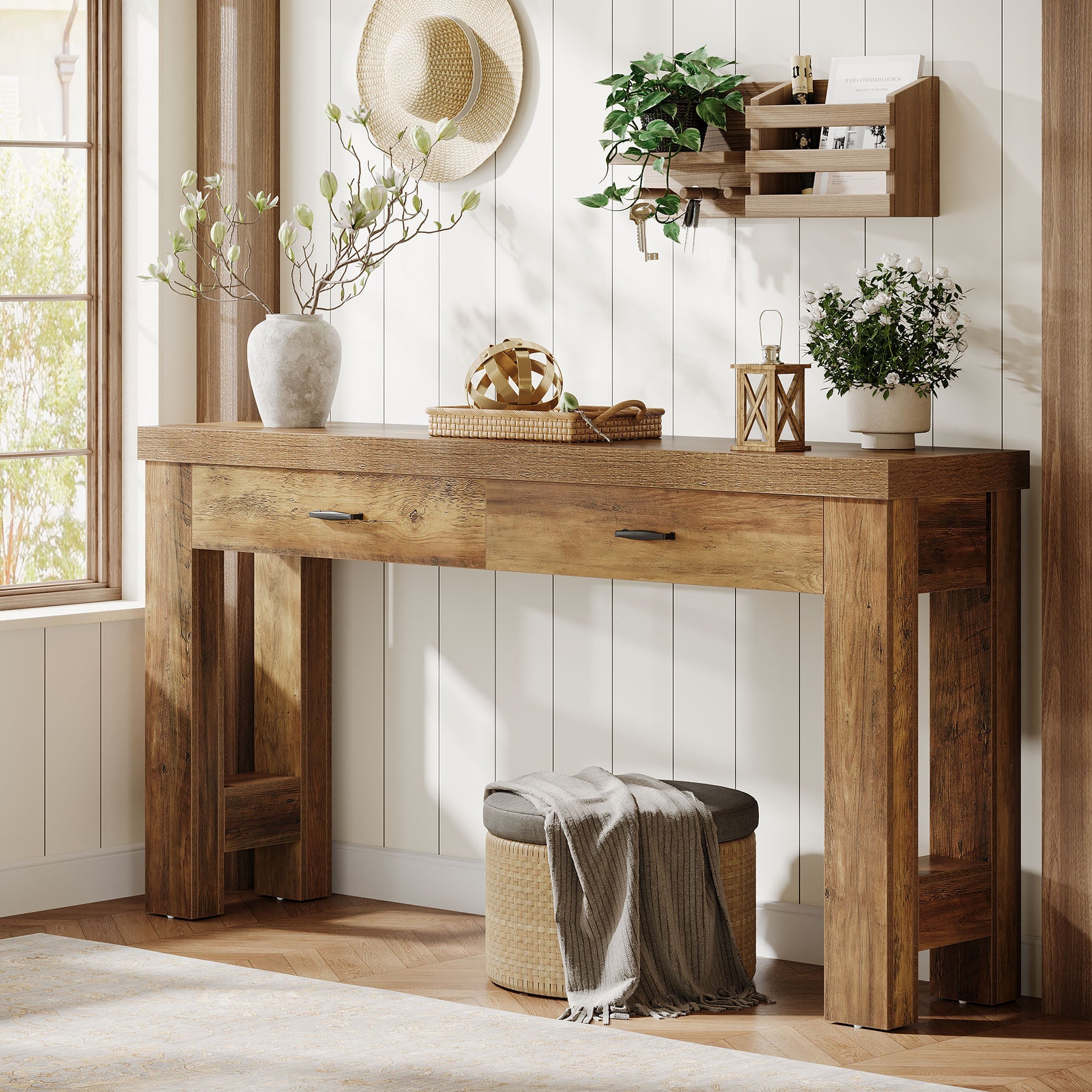 63" Console Table, Farmhouse Entryway Table with H - Shaped Legs and 2 Drawers Tribesigns