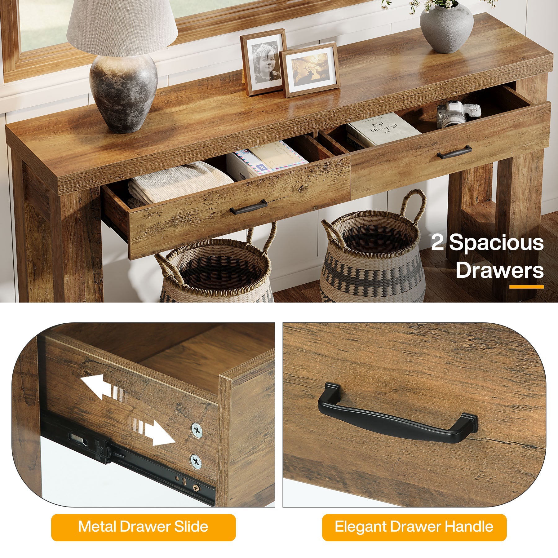 63" Console Table, Farmhouse Entryway Table with H - Shaped Legs and 2 Drawers Tribesigns