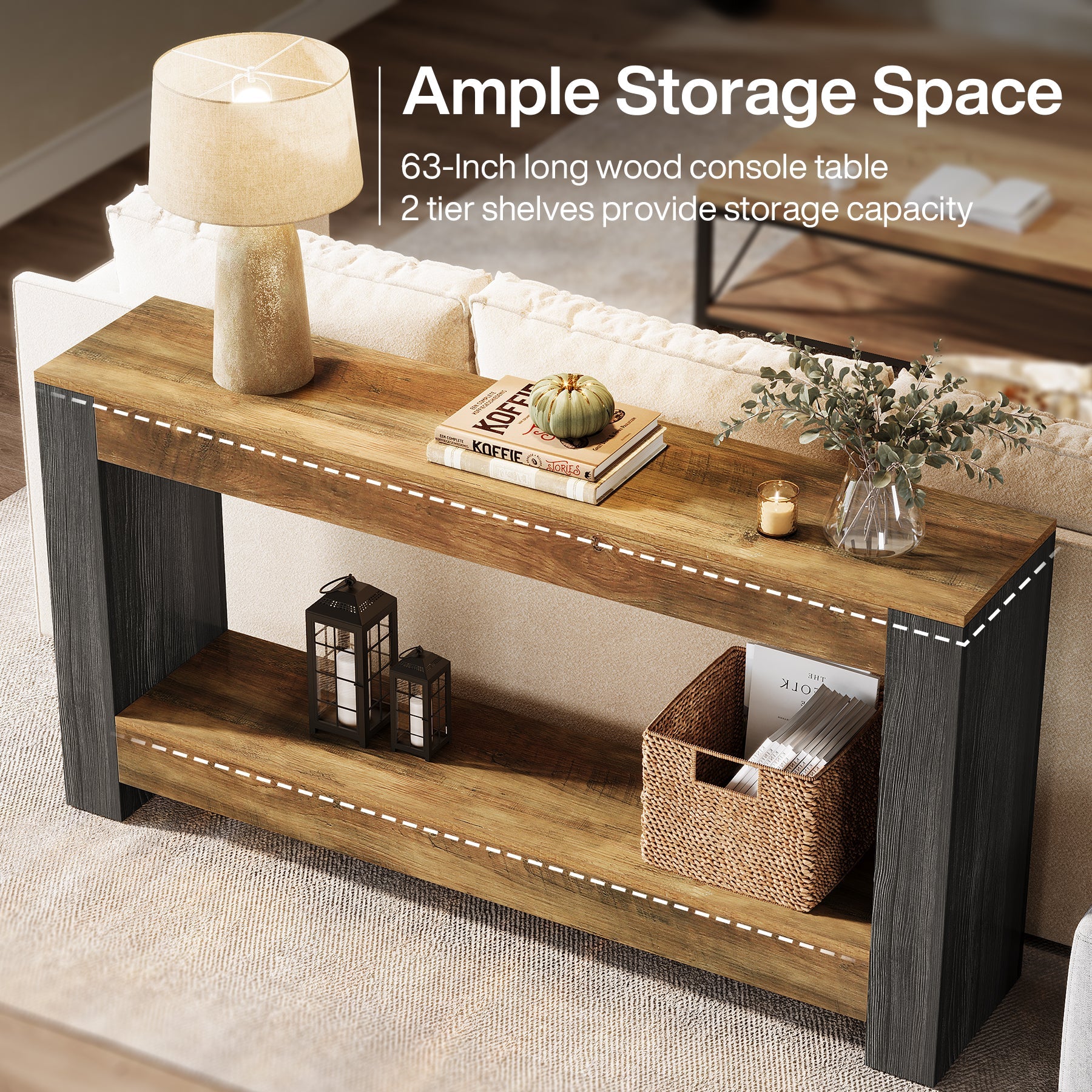 63" Console Table, Farmhouse Wood Sofa Table Behind Couch Tribesigns