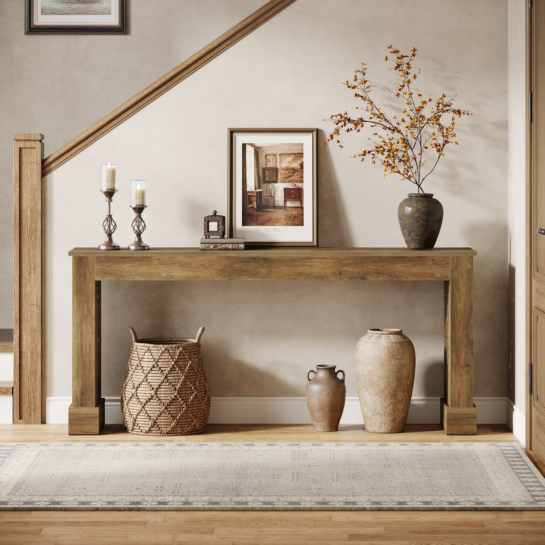 63" Console Table, Wood Sofa Table Entryway Table with Hollow Pattern Legs Tribesigns