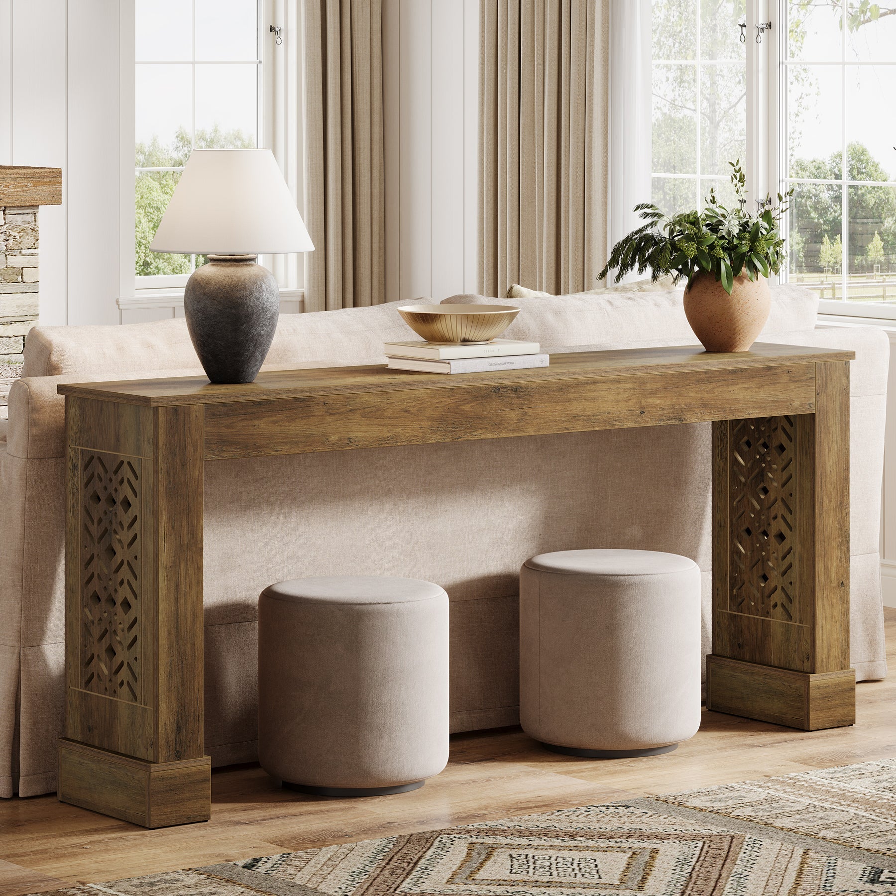 63" Console Table, Wood Sofa Table Entryway Table with Hollow Pattern Legs Tribesigns