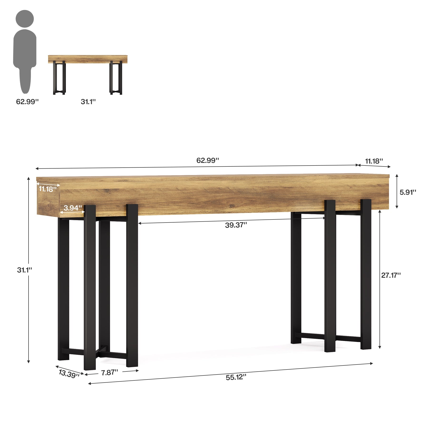 63" Console Table, Wooden Sofa Table Hallway Foyer Table Tribesigns