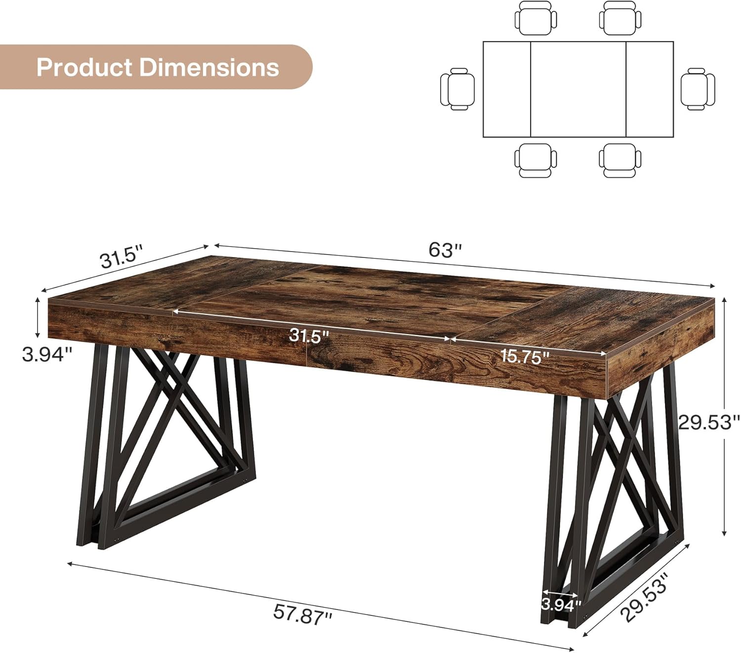 63" Dining Table, Farmhouse Kitchen Table with Sturdy Metal Legs for 4 - 6 Tribesigns