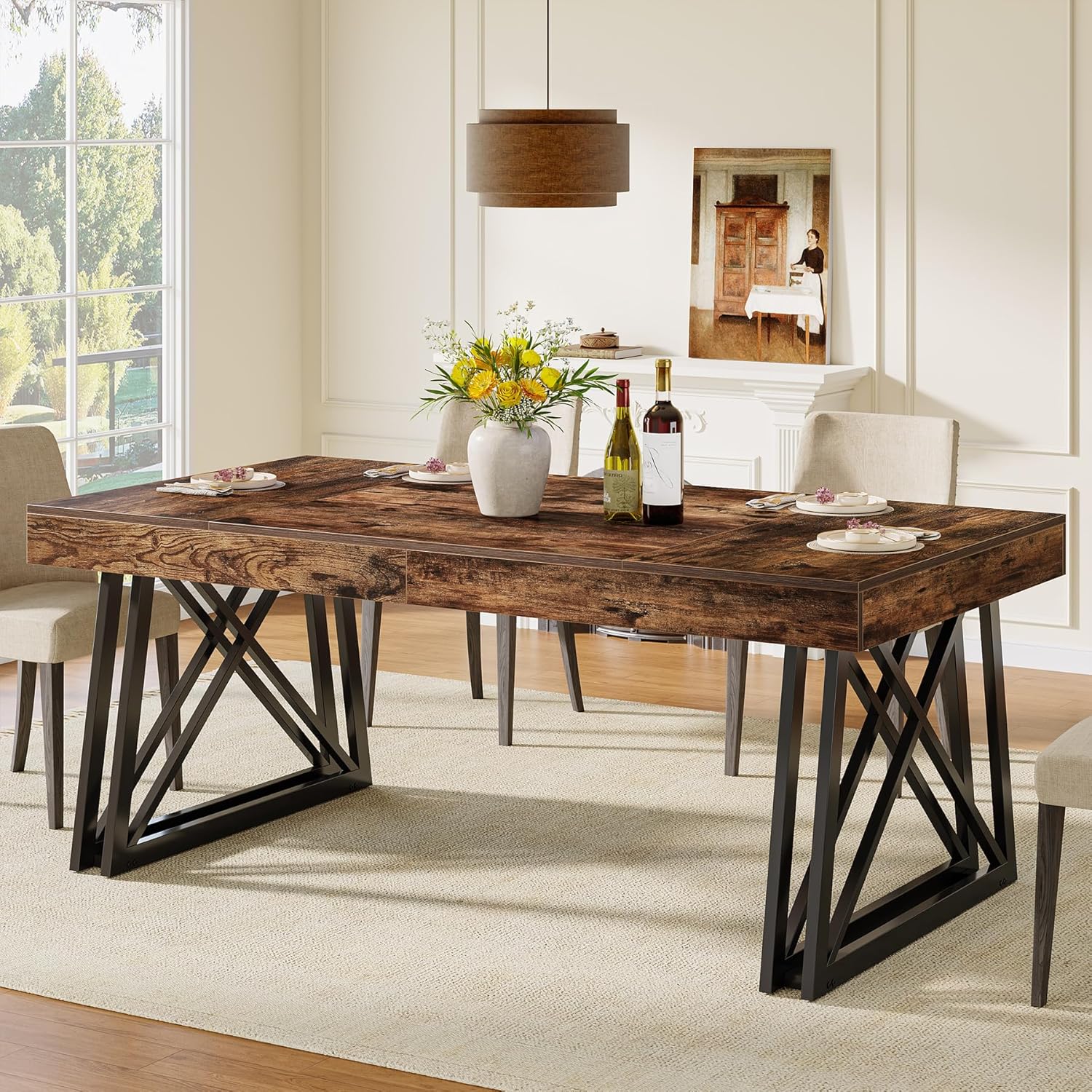 63" Dining Table, Farmhouse Kitchen Table with Sturdy Metal Legs for 4 - 6 Tribesigns