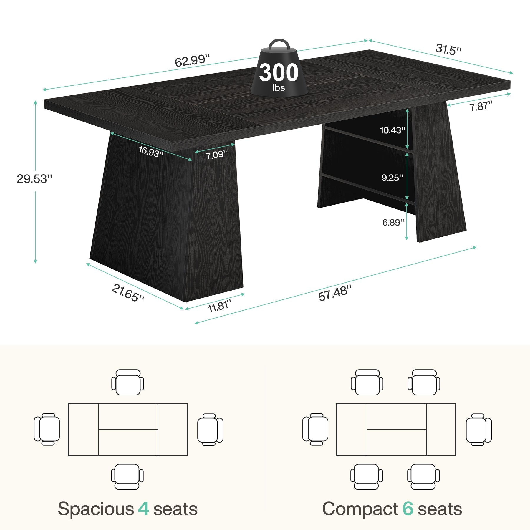 63" Dining Table for 4 - 6 People, Modern Kitchen Table with Storage Shelves Tribesigns