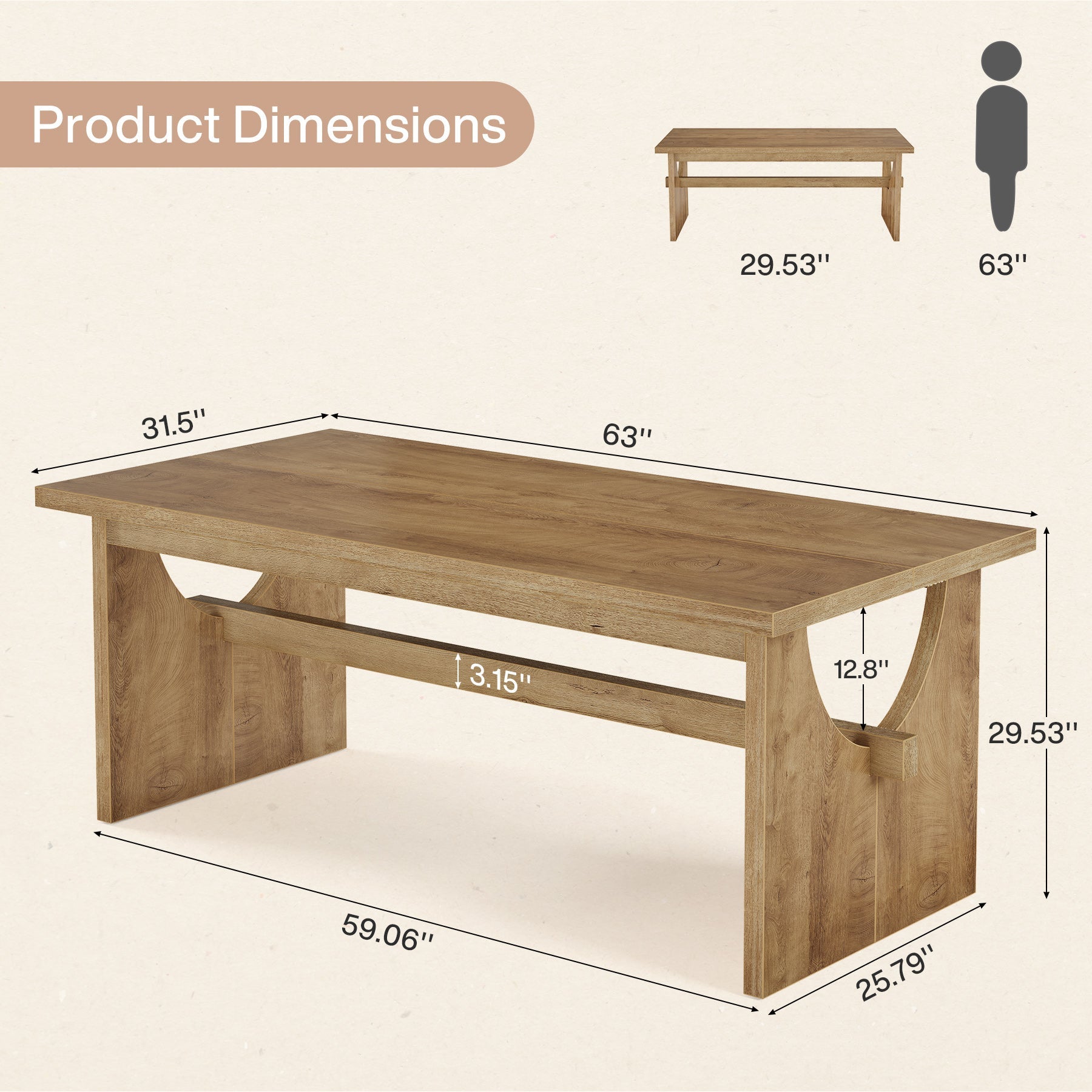 63" Dining Table, Large Rectangular Kitchen Dinner Table for 4 - 6 People Tribesigns