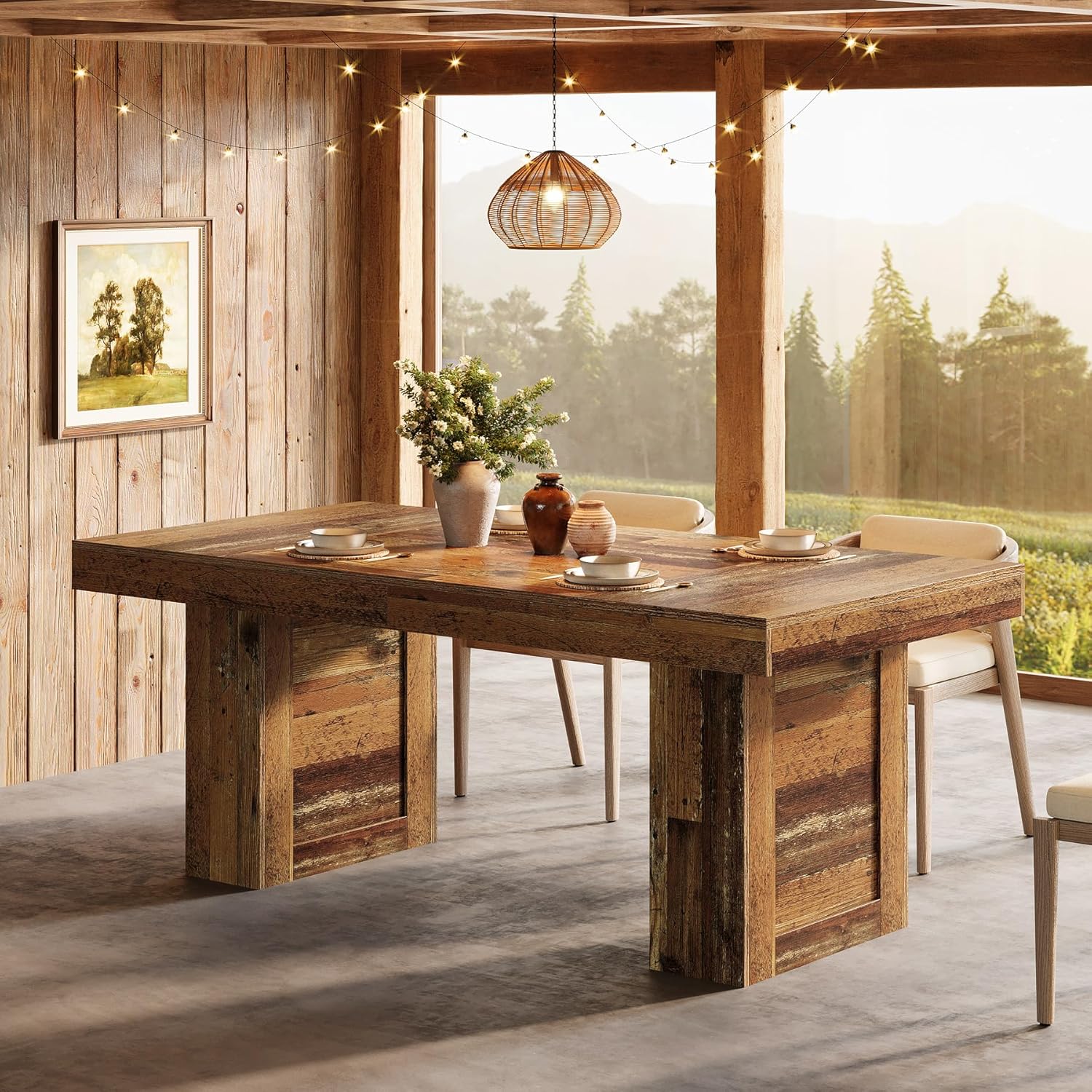 63" Dining Table, Rectangle Farmhouse Kitchen Dinner Table for 6 People Tribesigns