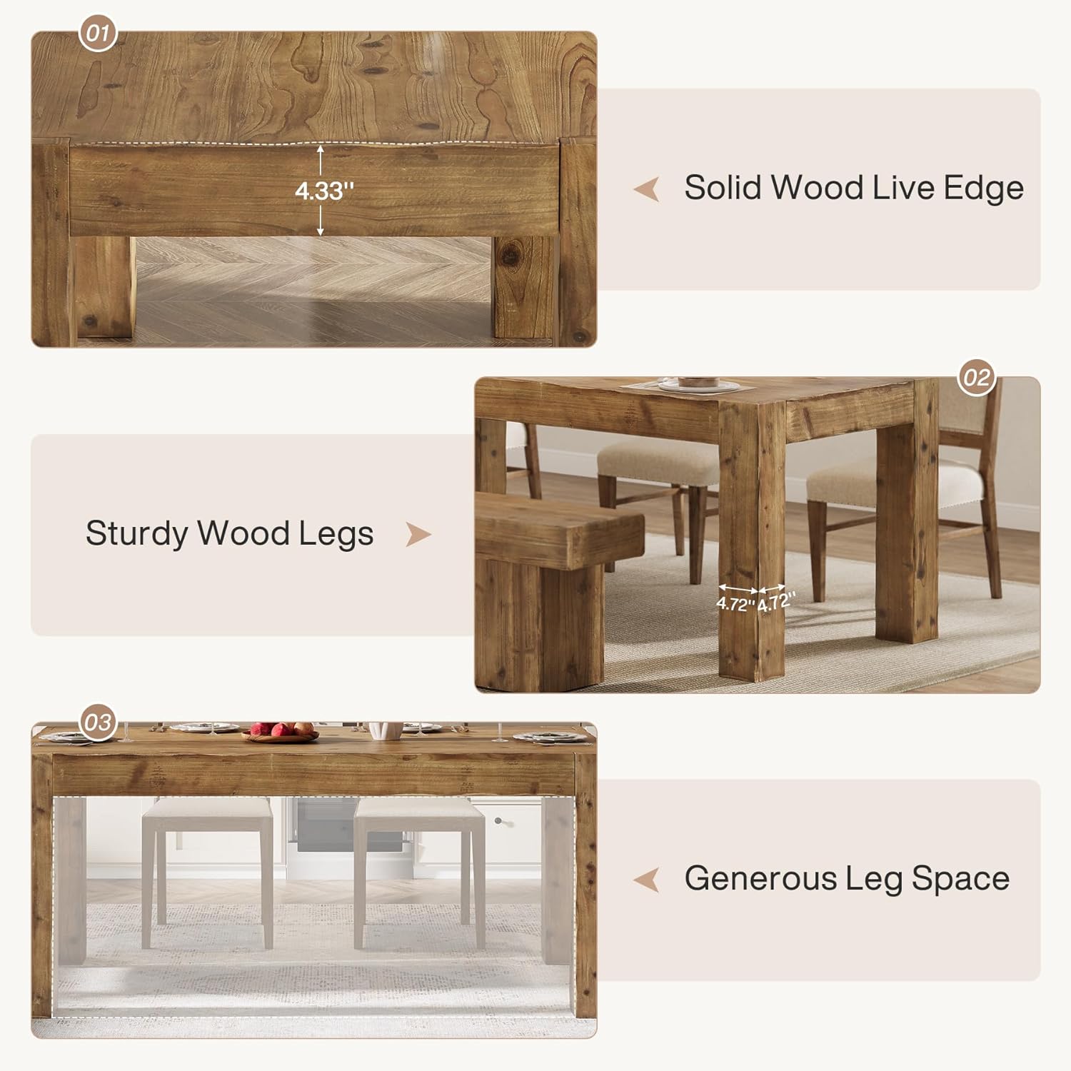 63" Dining Table, Solid Wood Dinner Kitchen Table For 4 To 6 Tribesigns