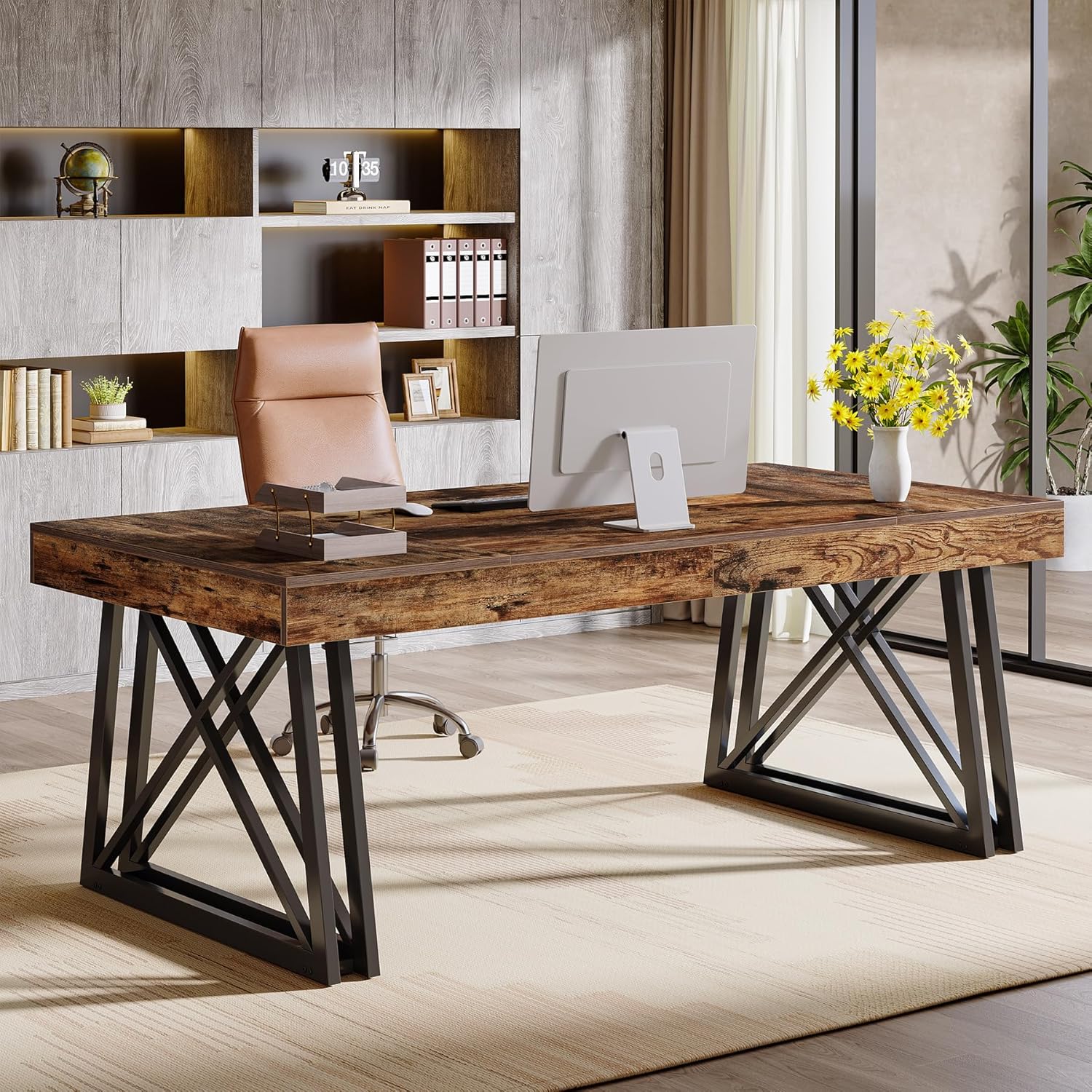 63" Executive Desk, Farmhouse Office Computer Desk with X - Shaped Legs Tribesigns