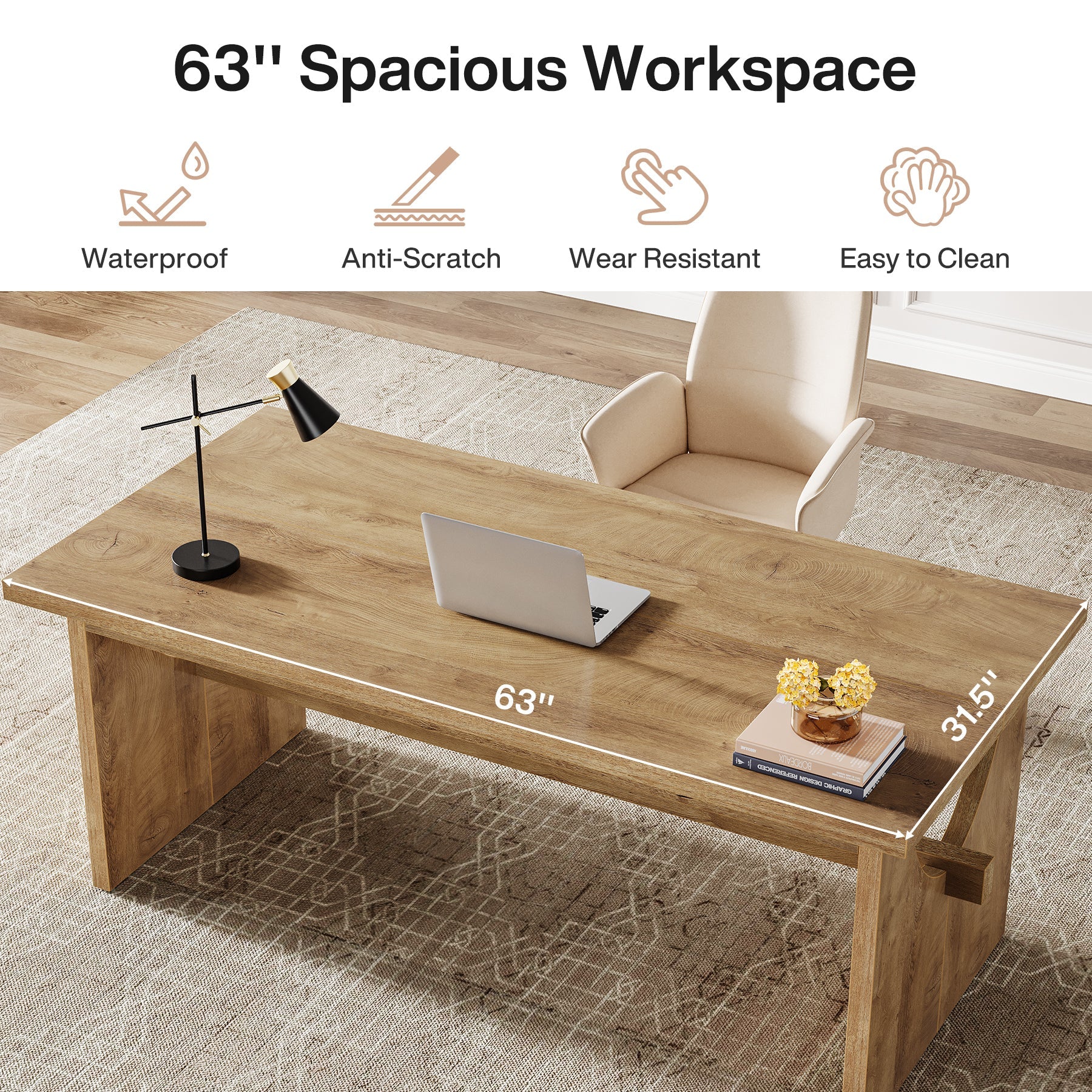 63" Executive Desk, Office Computer Desk Conference Table with Sturdy Legs Tribesigns