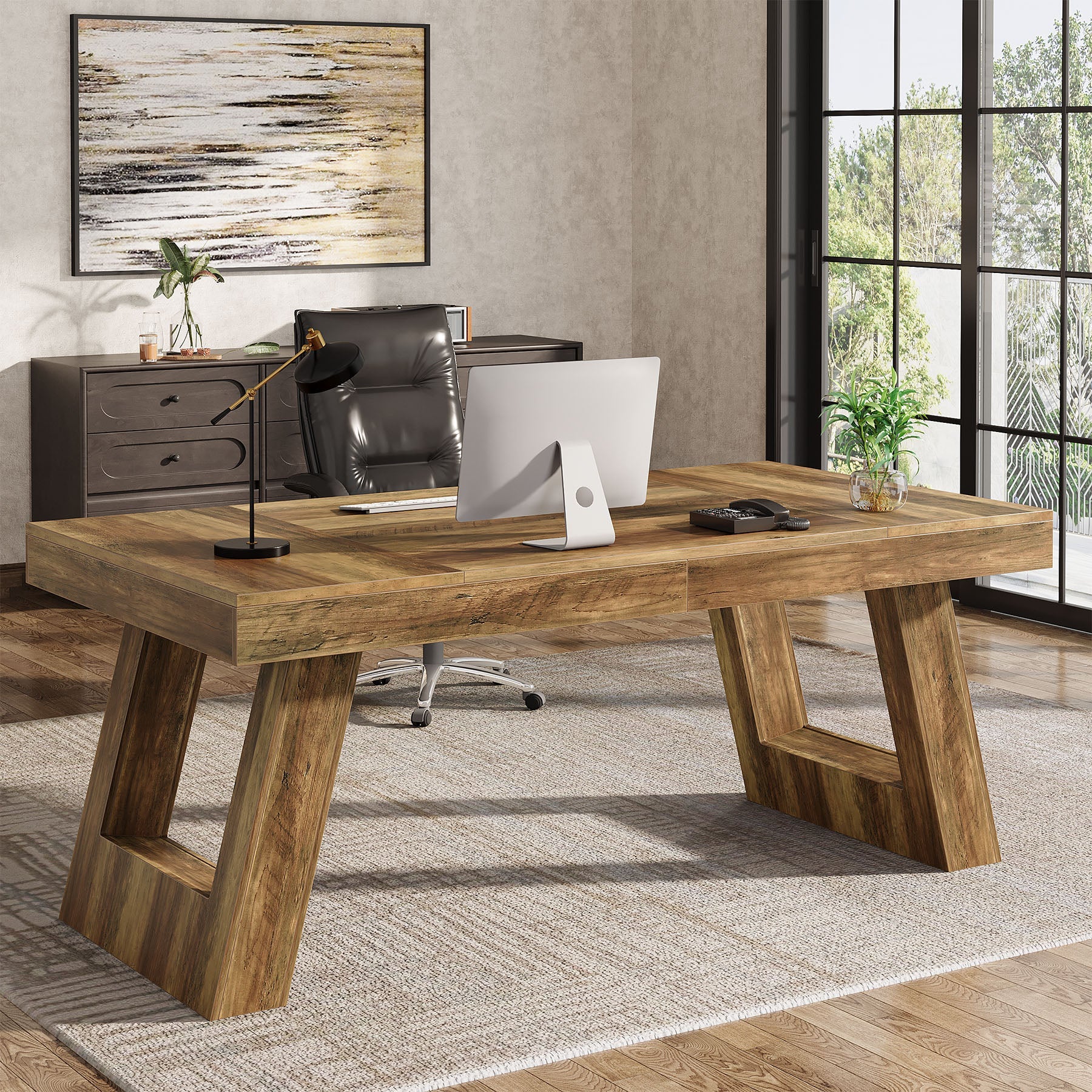 63" Executive Desk, Wood Office Desk Computer Desk with Double Pedestal Tribesigns