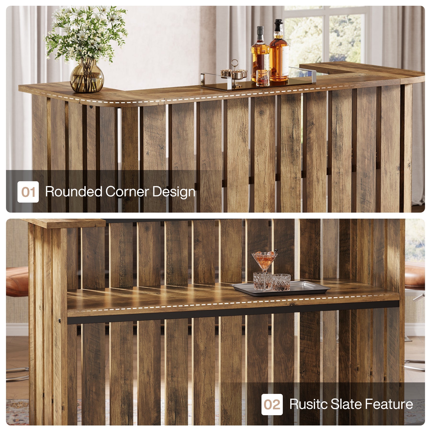 63" Home Bar Unit, Farmhouse Liquor Bar Table with 2 - Tier Shelves Tribesigns