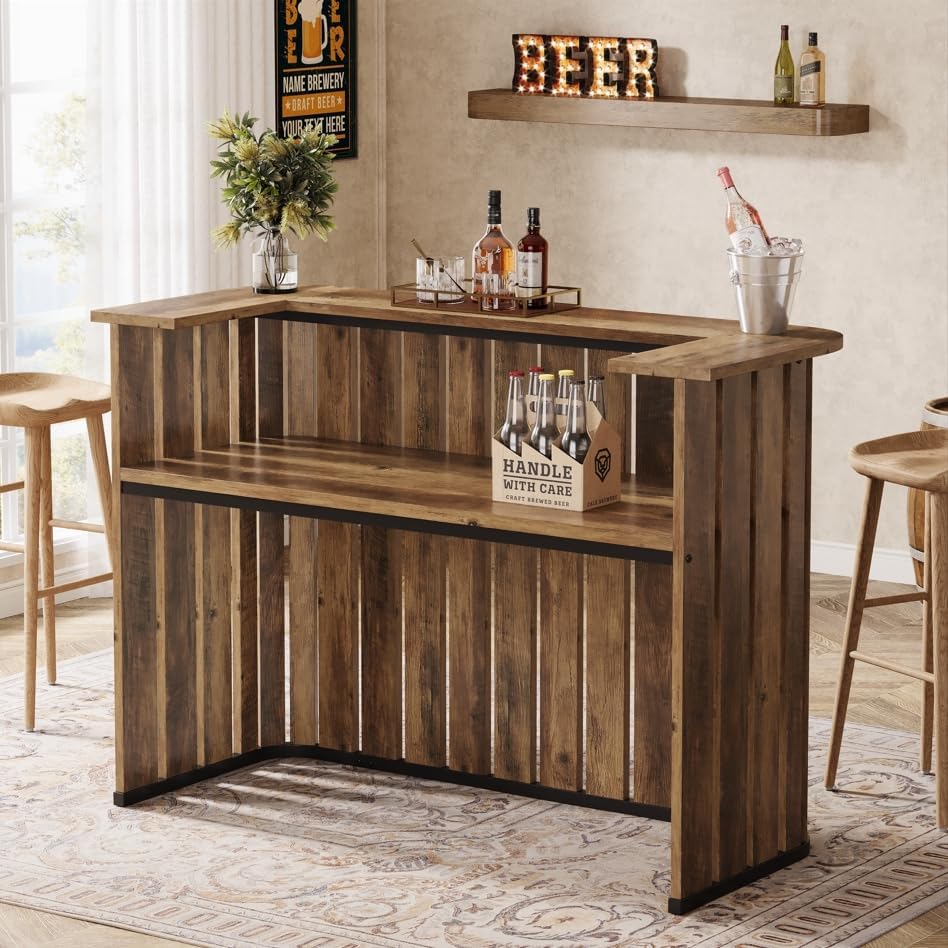63" Home Bar Unit, Farmhouse Liquor Bar Table with 2 - Tier Shelves Tribesigns