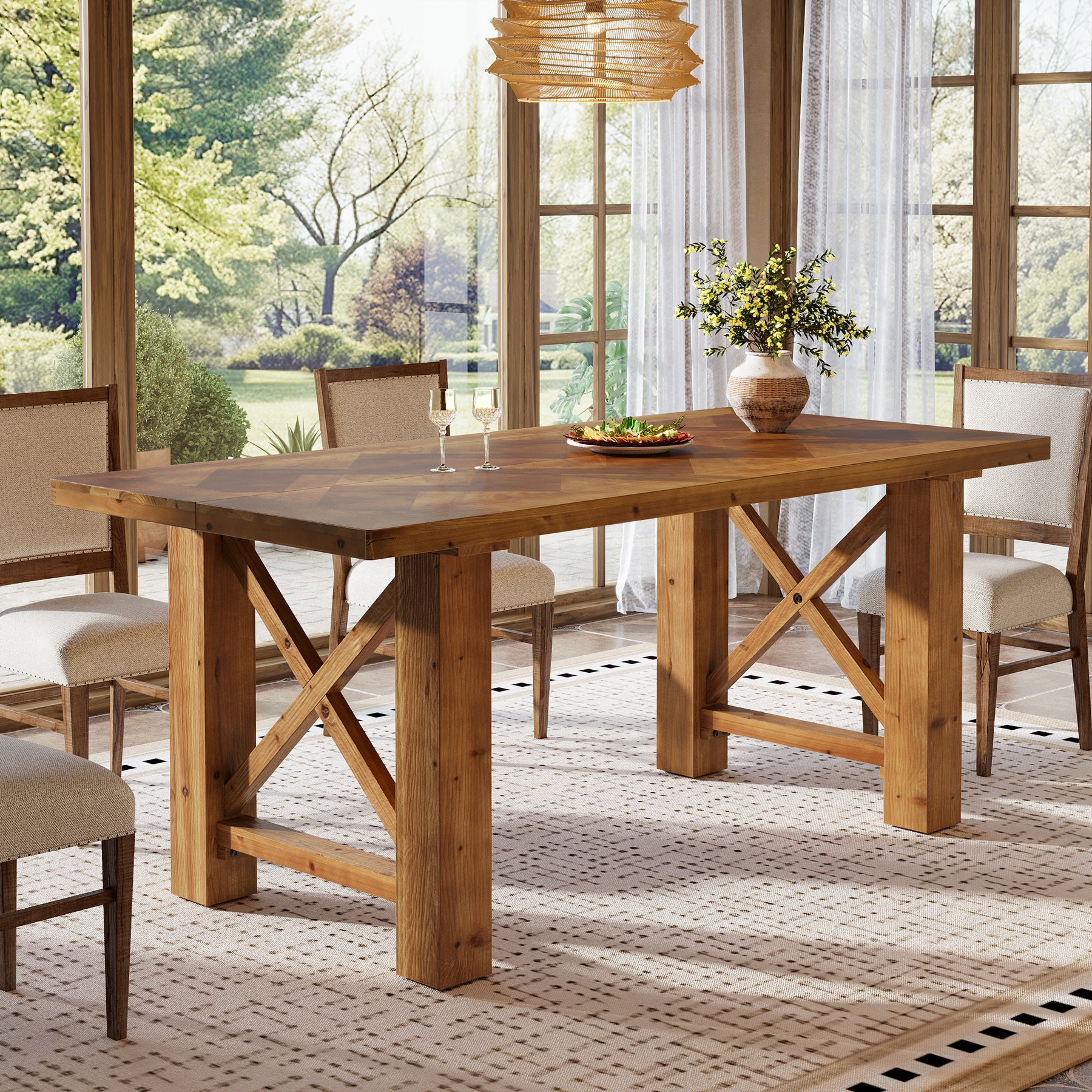 63" Solid Wood Dining Table for 4-6, Rectangle Kitchen Table with X-Shaped Frame