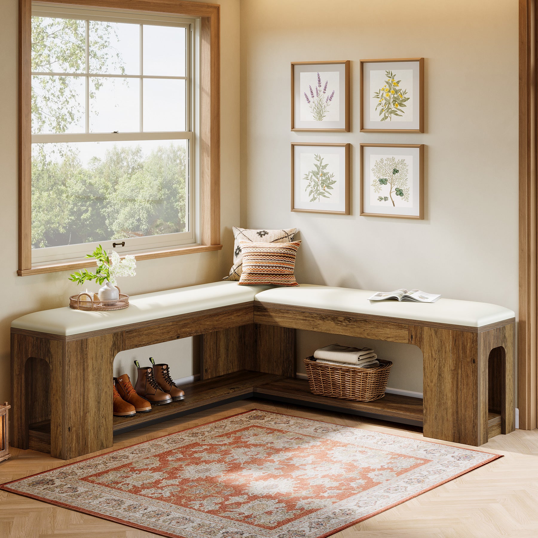 L-Shaped Corner Bench, Farmhouse Dining Bench with Removable Seat Cushion