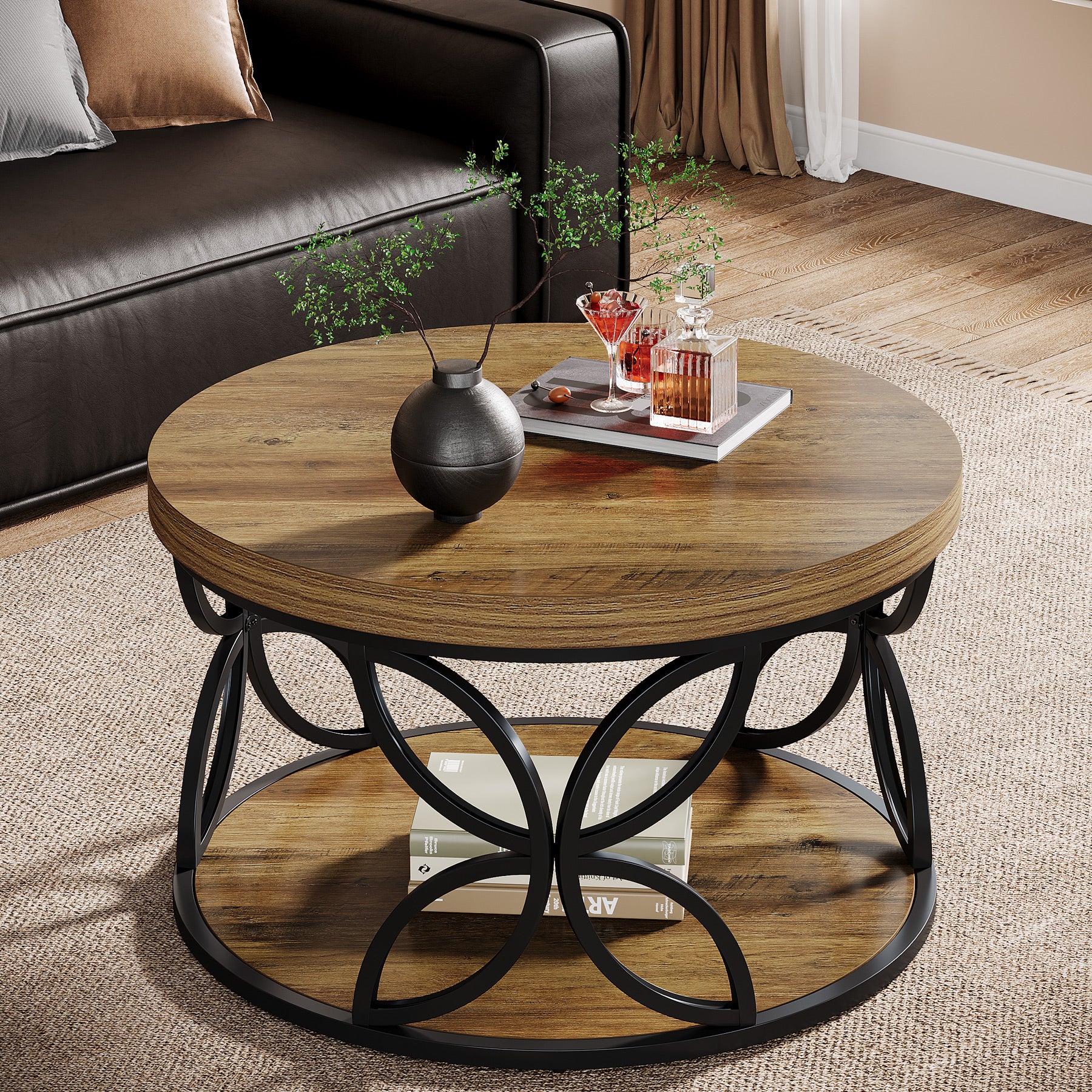 2-Tier Round Coffee Table, 31.5" Industrial Accent Tea Table with Metal Frame