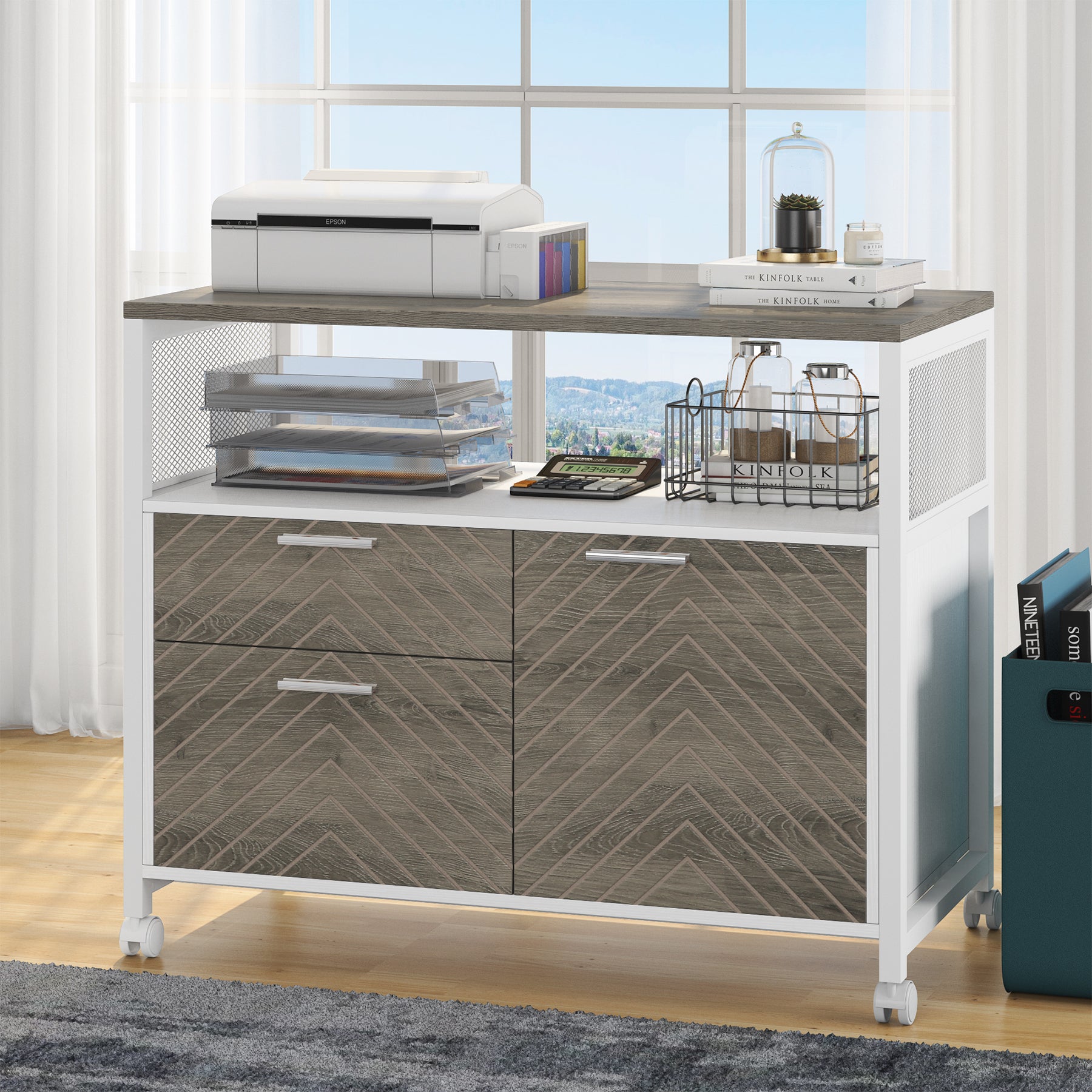 Lockable File Cabinet Printer Stand with Drawers & Caster
