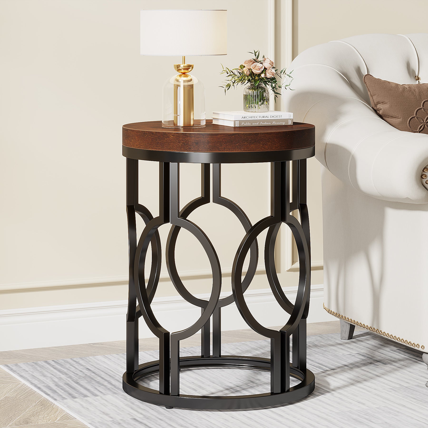 Small Round End Table, Industrial Metal Frame Side Table for Living Room & Bedroom