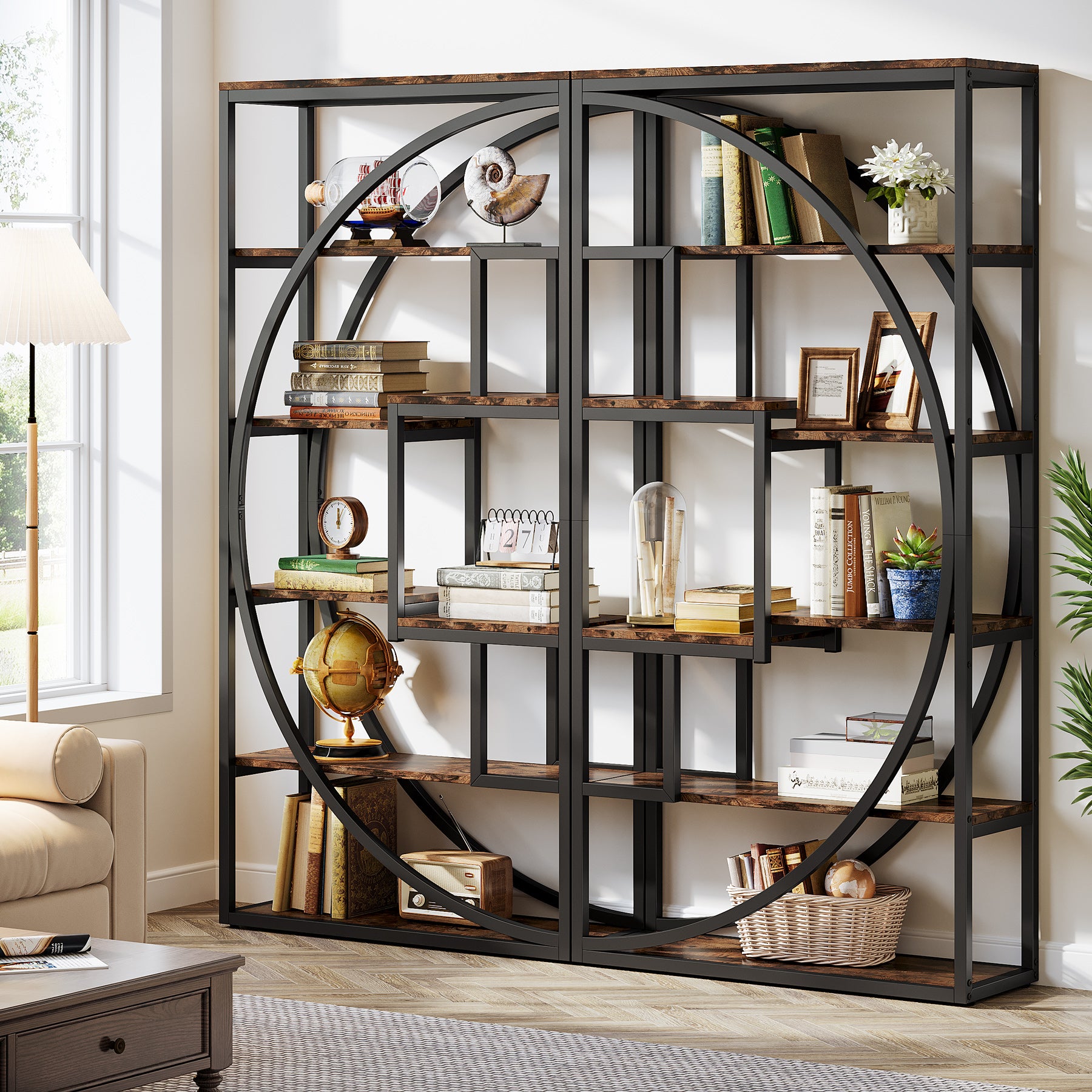 70.8” Tall Modern Geometric Bookcase, 5-Tier Etagere with 8 Open Shelves