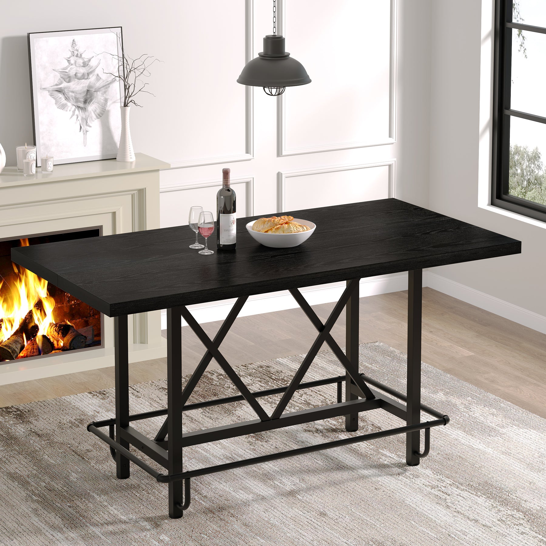 63" Rectangular Dining Table for 6, Counter-Height Kitchen Table with Metal Legs